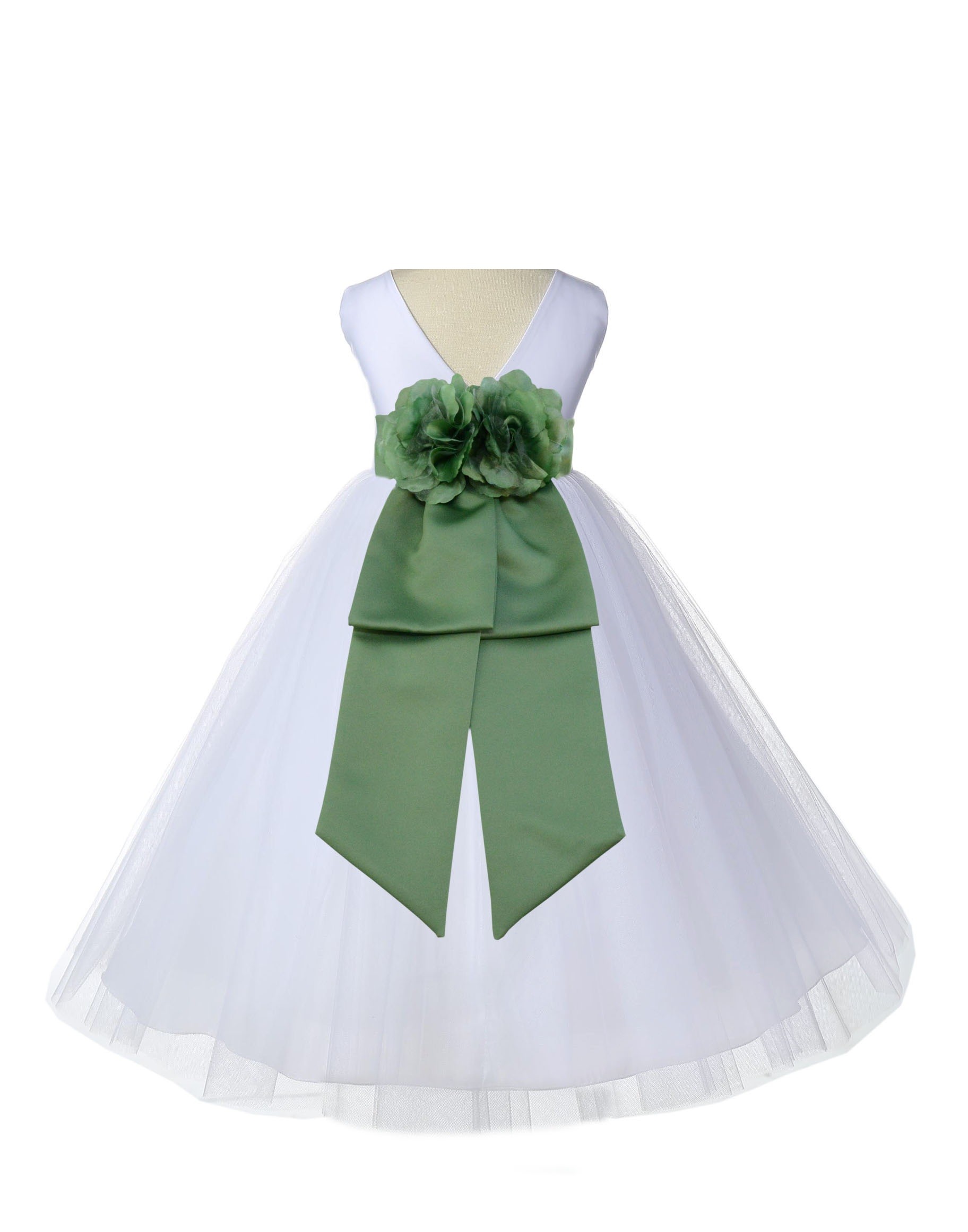 V-Neck Tulle White/Clover Green Flower Girl Dress Wedding Pageant 108