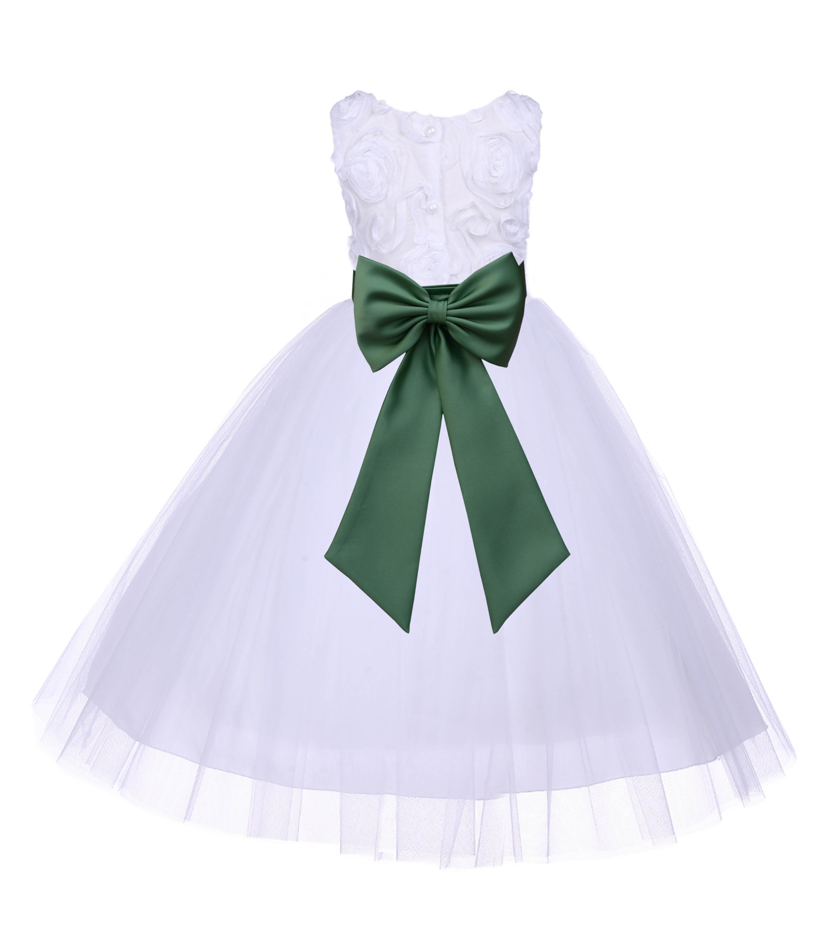 White/Clover Green Tulle 3D Floral Rose Flower Girl Dress Pageant 152T