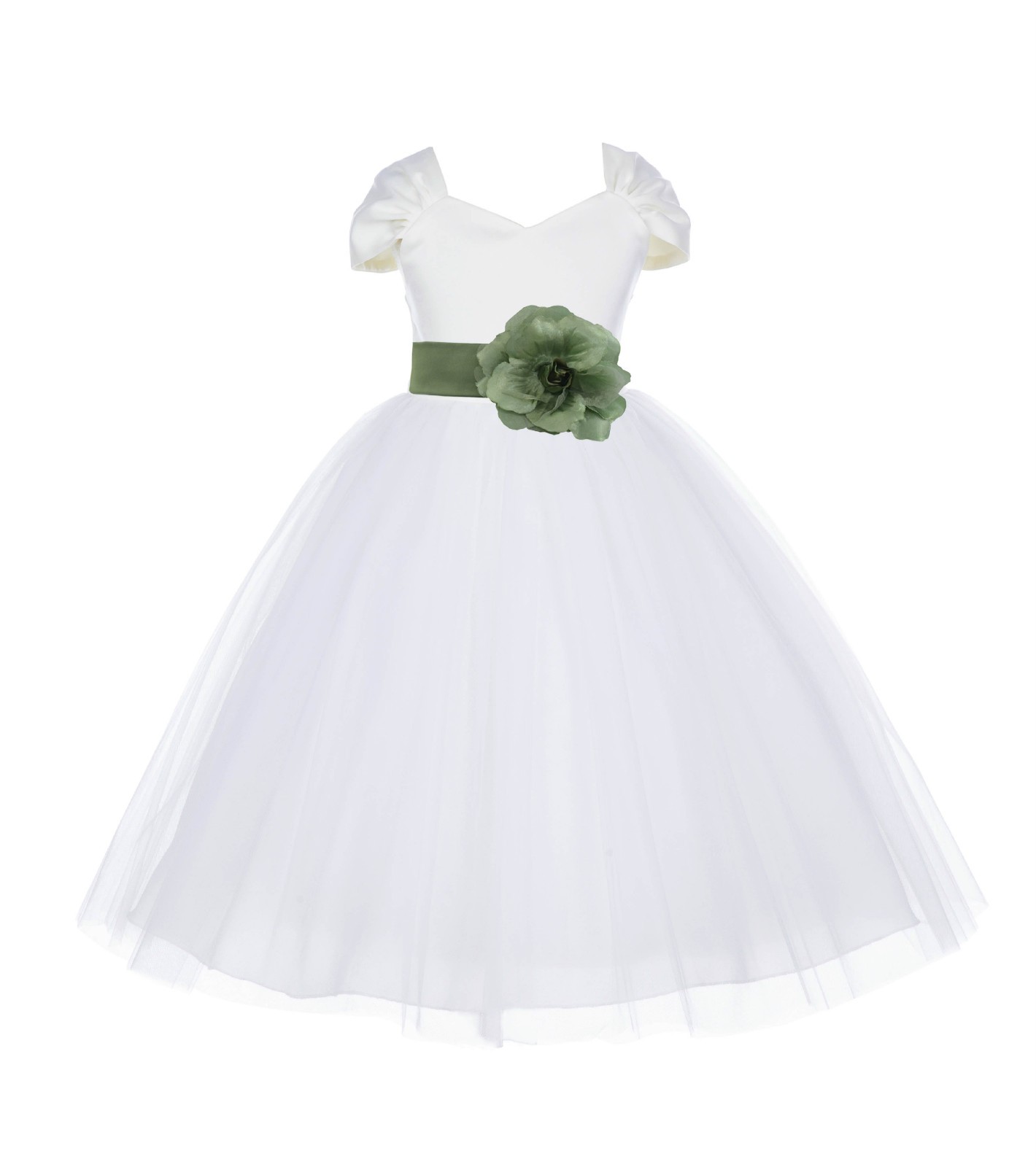 Ivory/Clover Green V-shaped Neckline Short Sleeves Tulle Flower Girl Dress 154S