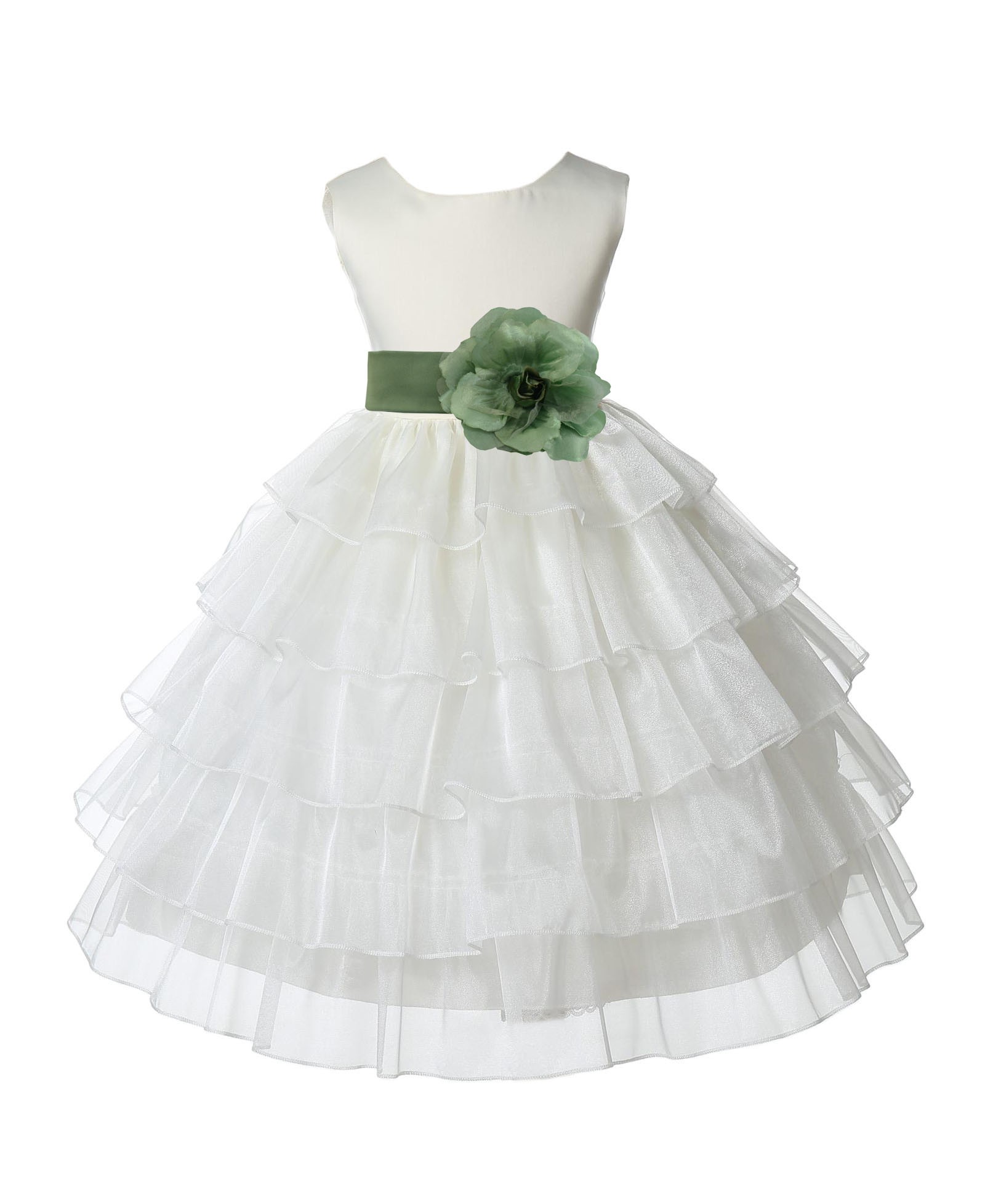 Ivory/Clover Green Satin Shimmering Organza Flower Girl Dress Pageant 308T