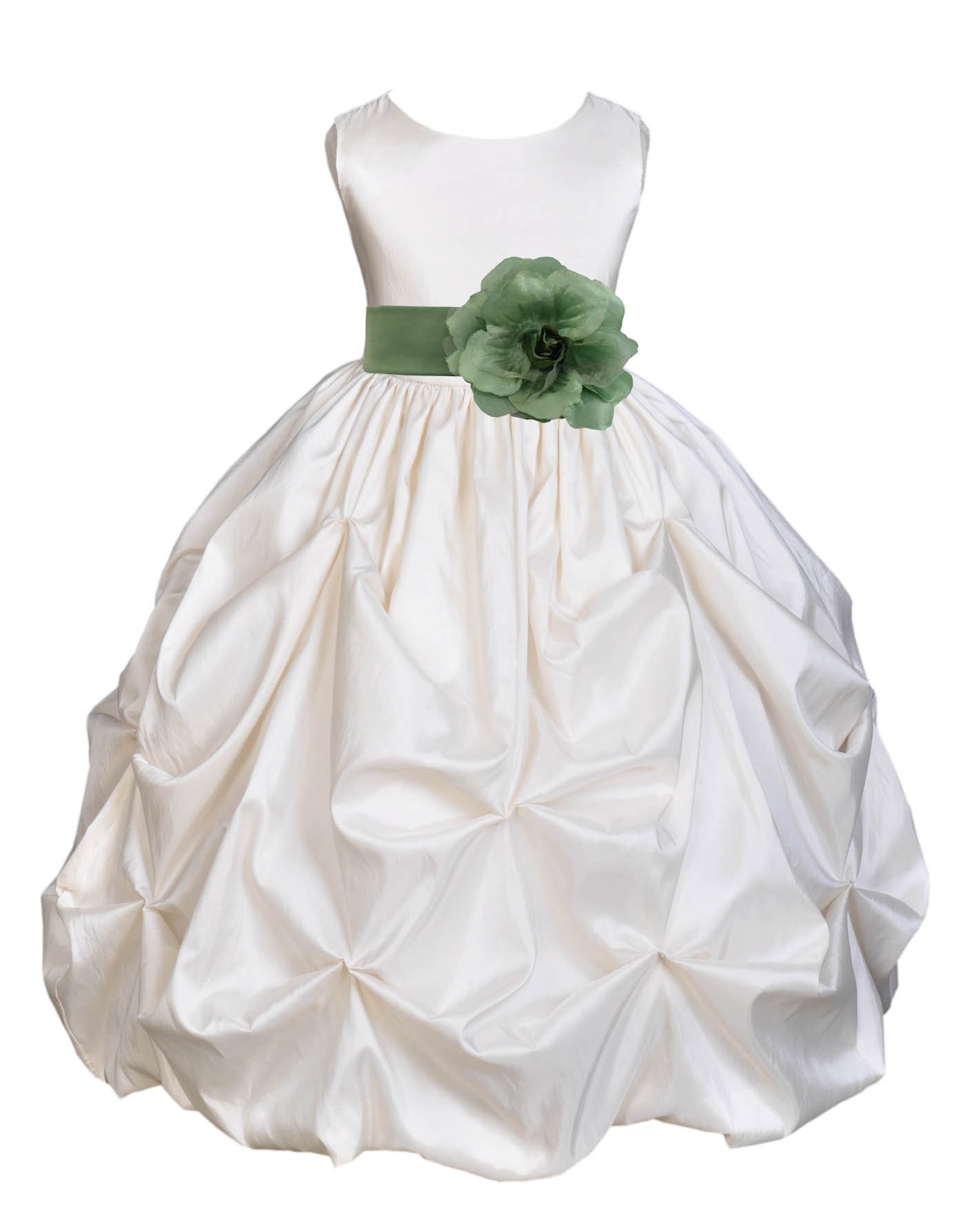 Ivory/Clover Green Satin Taffeta Pick-Up Bubble Flower Girl Dress 301T