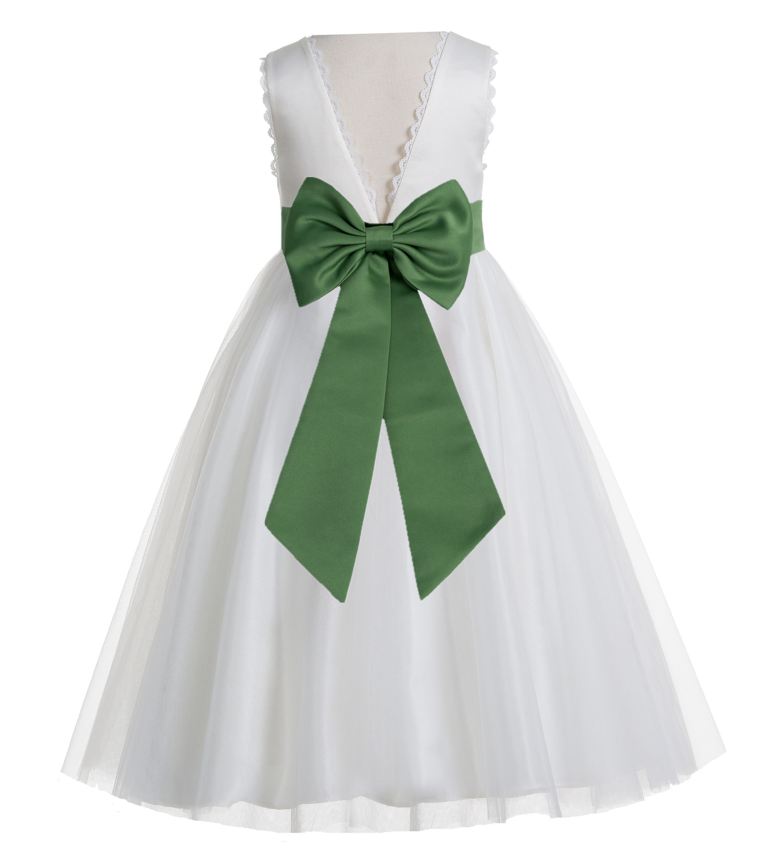 Ivory / Clover Green V-Back Lace Edge Flower Girl Dress 183T