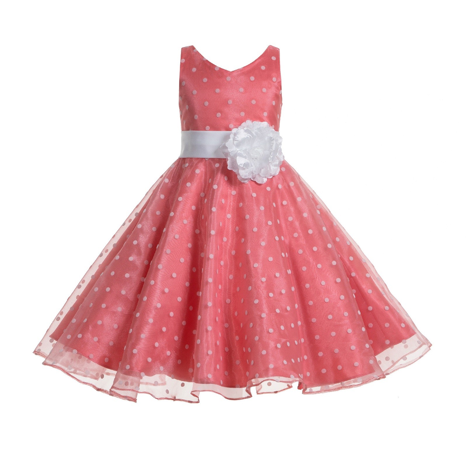 Coral / White Organza Polka Dot V-Neck Flower Girl Dress 184T