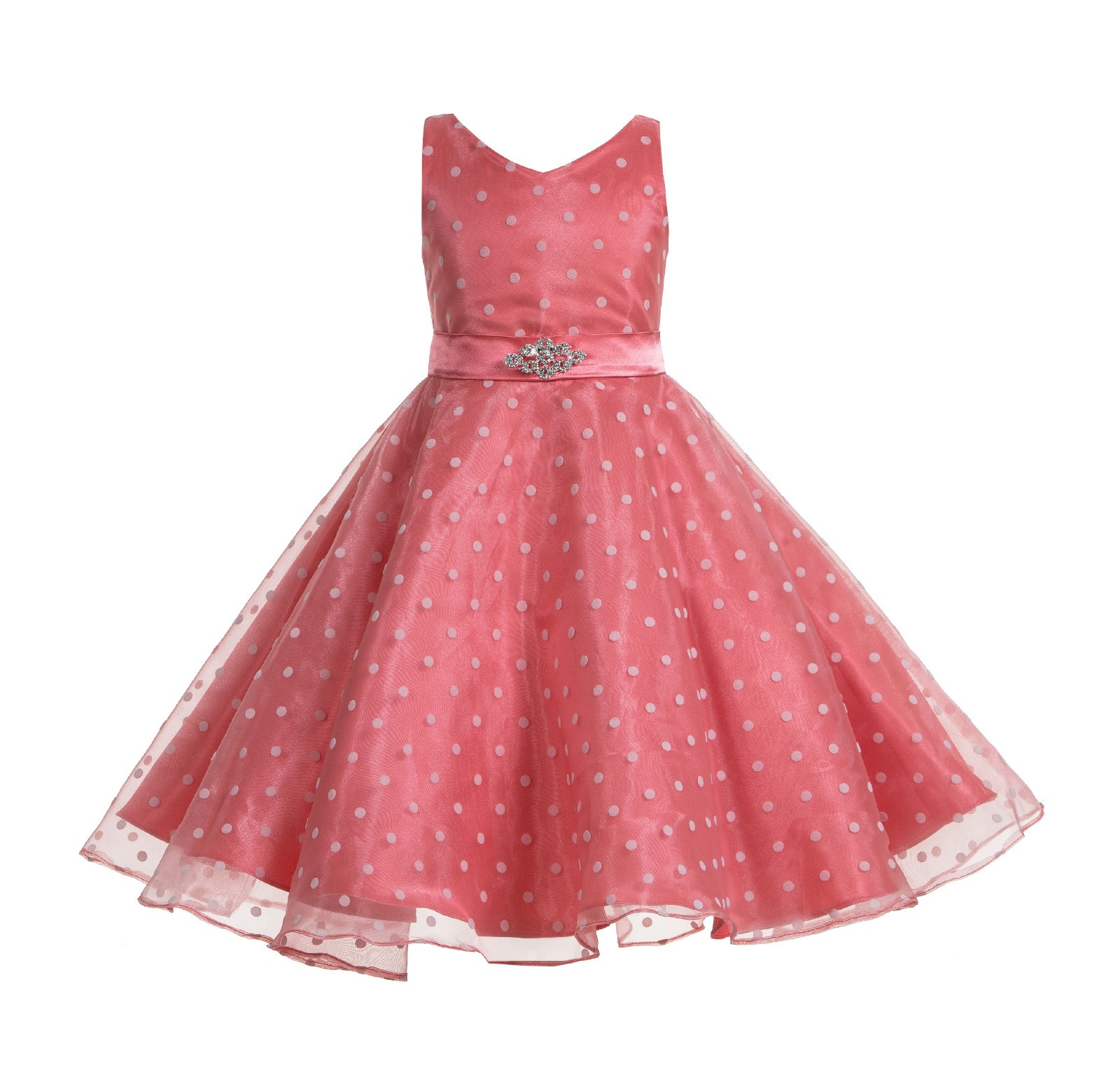 Coral Organza Polka Dot V-Neck Rhinestone Flower Girl Dress 184