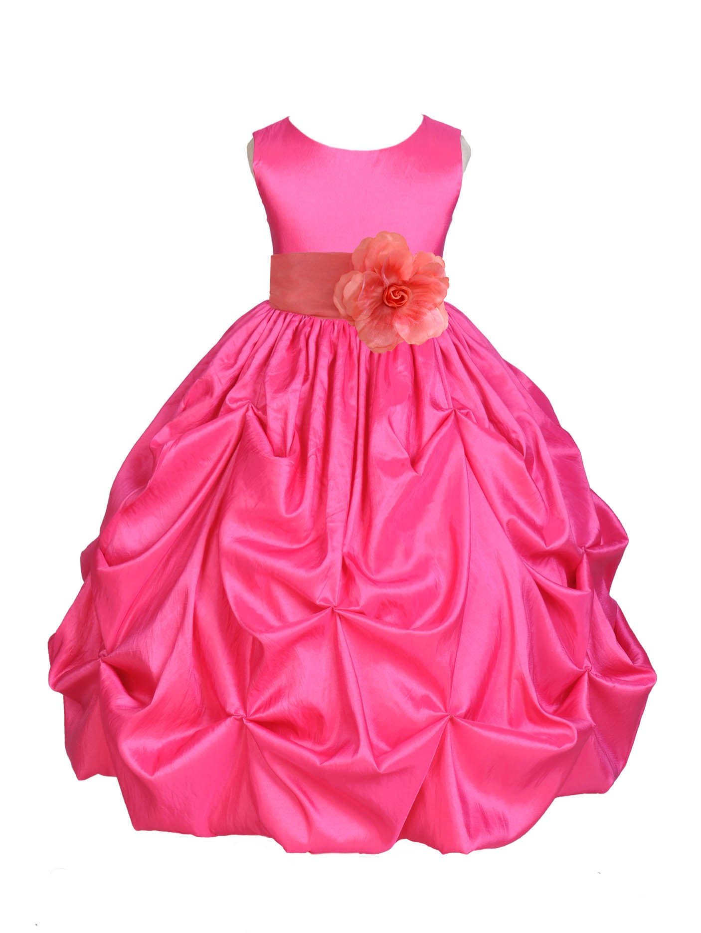 Fuchsia/Coral Satin Taffeta Pick-Up Bubble Flower Girl Dress 301S