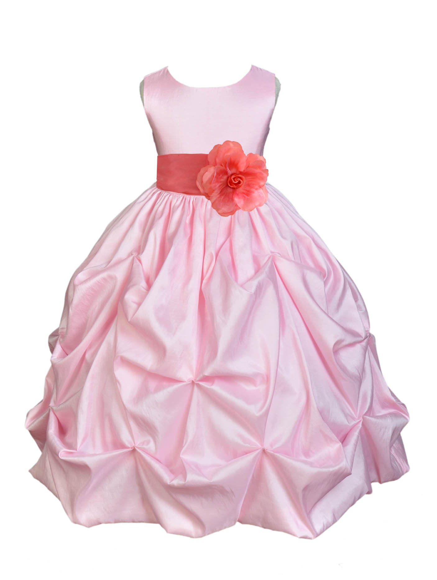 Pink/Coral Satin Taffeta Pick-Up Bubble Flower Girl Dress 301S