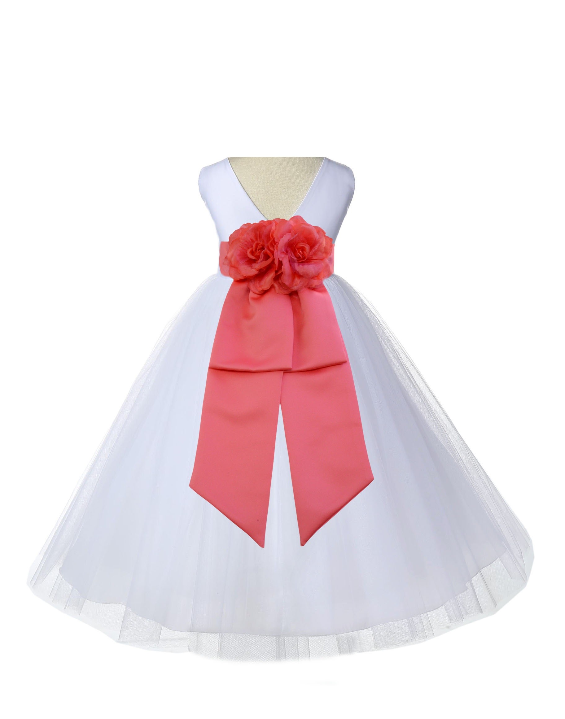 V-Neck Tulle White/Coral Flower Girl Dress Wedding Pageant 108