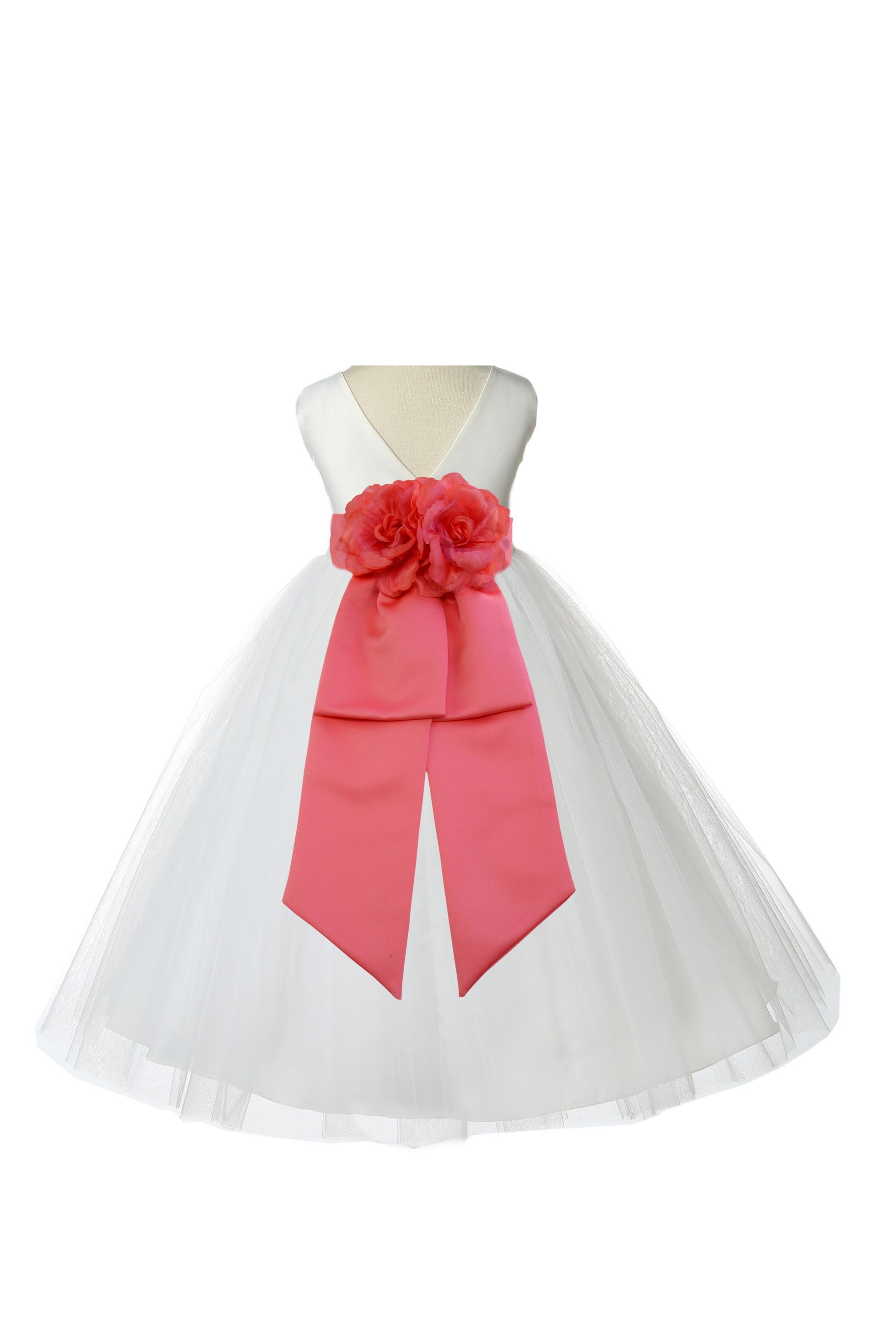 V-Neck Tulle Ivory/Coral Flower Girl Dress Wedding Pageant 108
