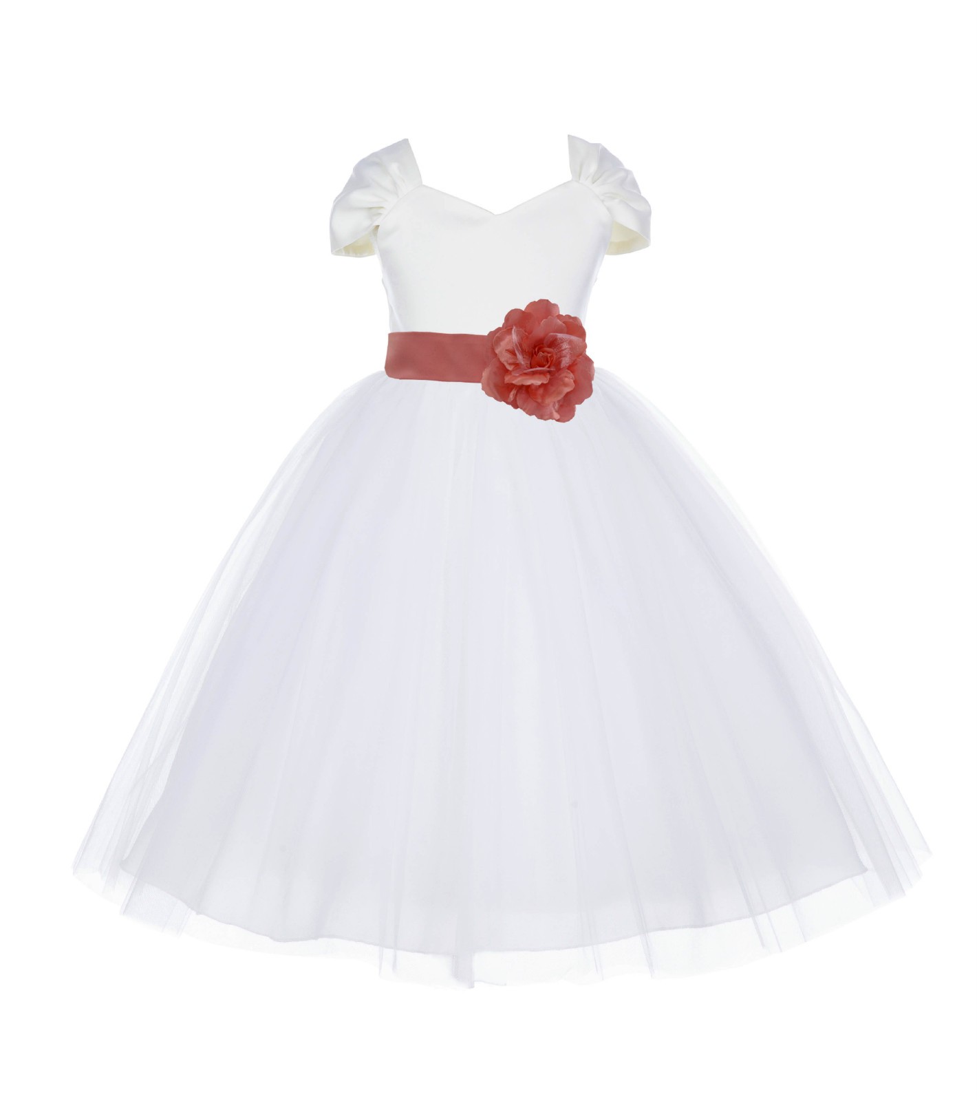 Ivory/Coral V-shaped Neckline Short Sleeves Tulle Flower Girl Dress 154S