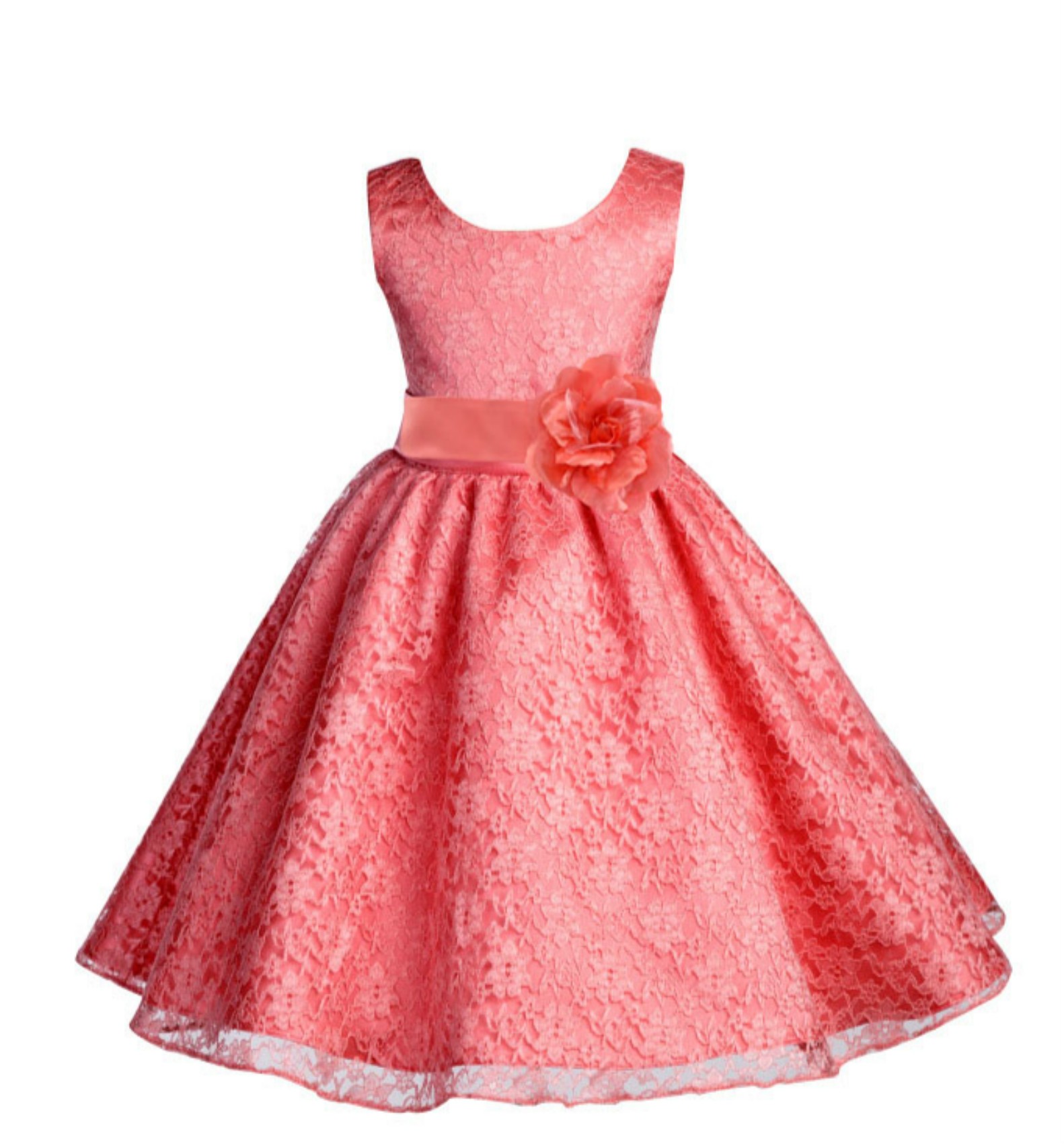 Coral Floral Lace Overlay Flower Girl Dress Formal Beauty 163S