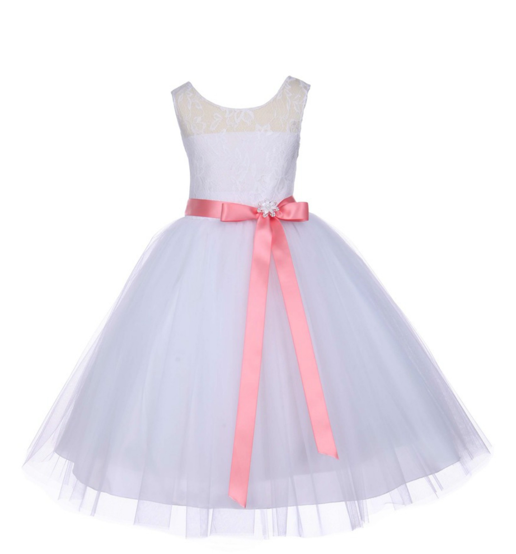 White Floral Lace Bodice Tulle Coral Ribbon Flower Girl Dress 153R