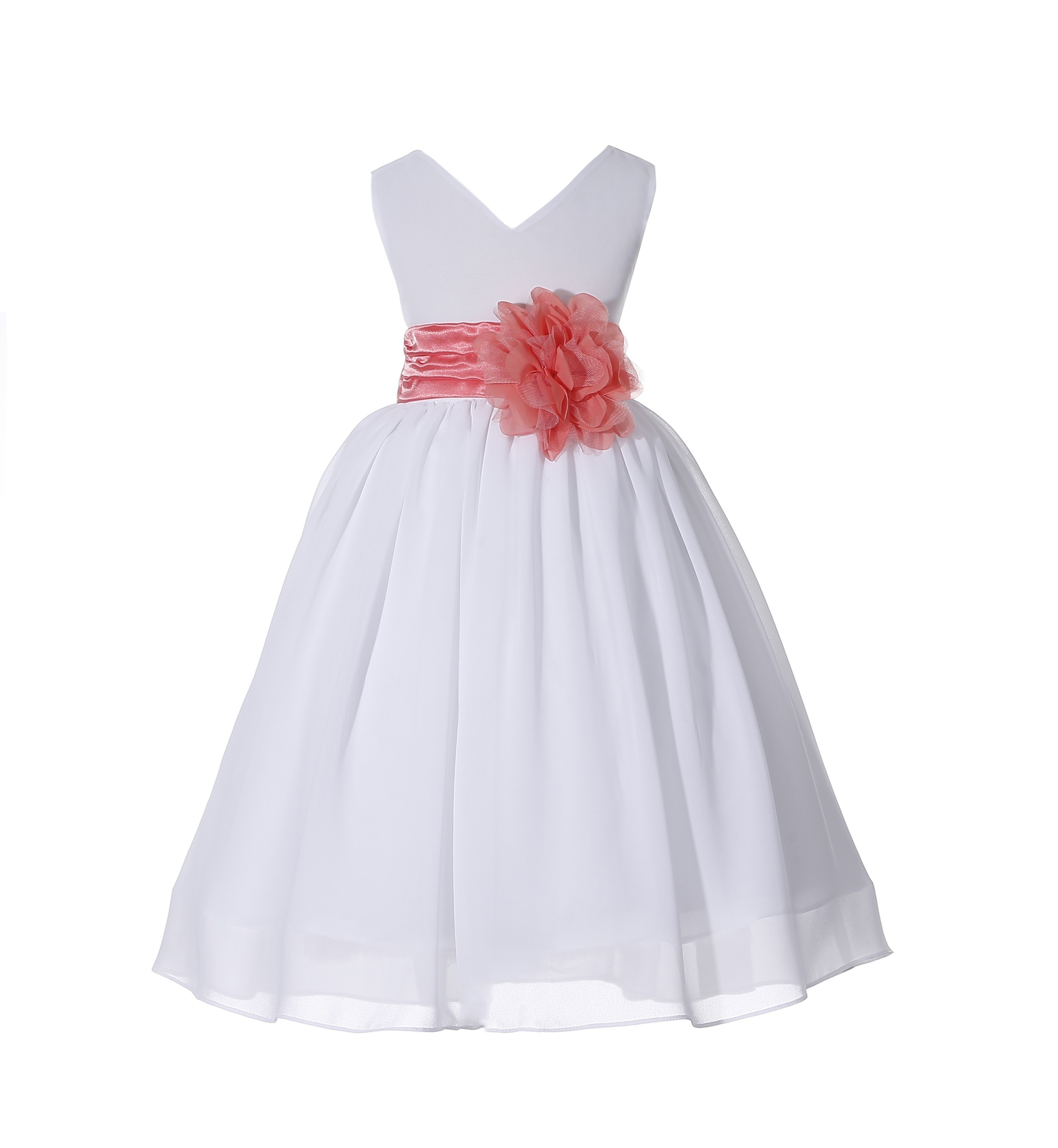 White/Coral V-Neck Yoryu Chiffon Flower Girl Dress Wedding 503NF