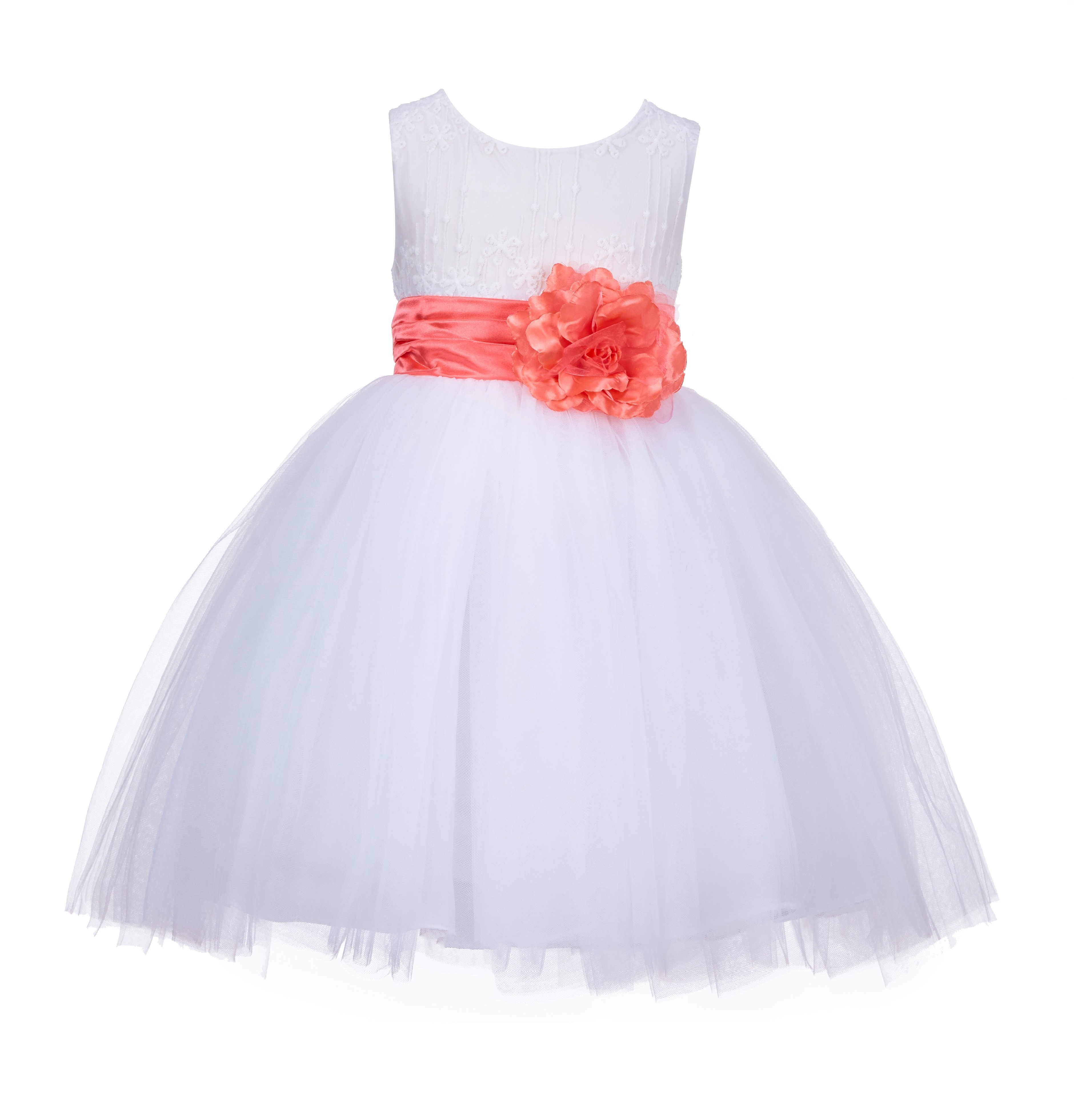 White/Coral Lace Embroidery Tulle Flower Girl Dress Wedding 118