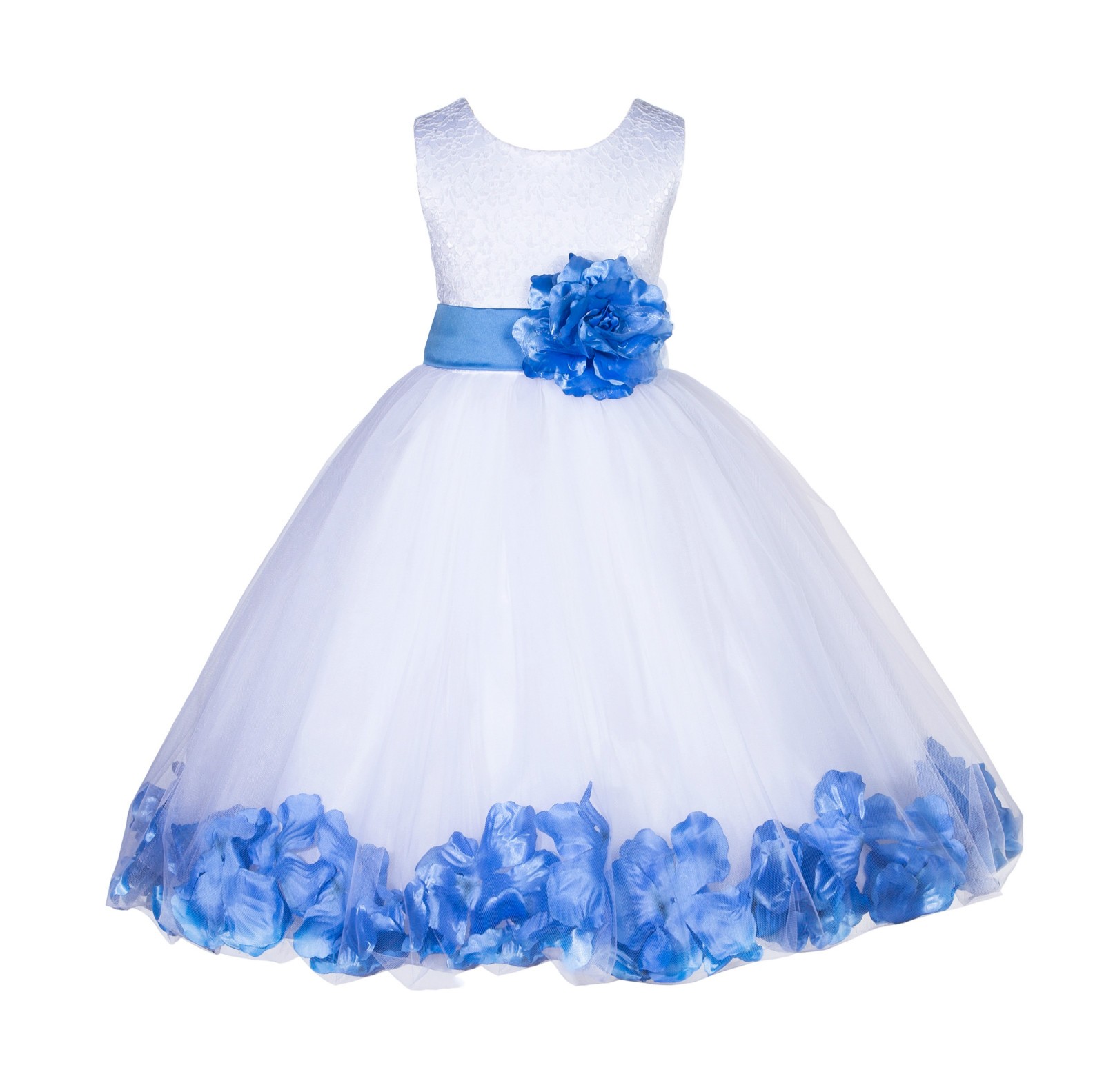 White/Corn flower Lace Top Tulle Floral Petals Flower Girl Dress 165S