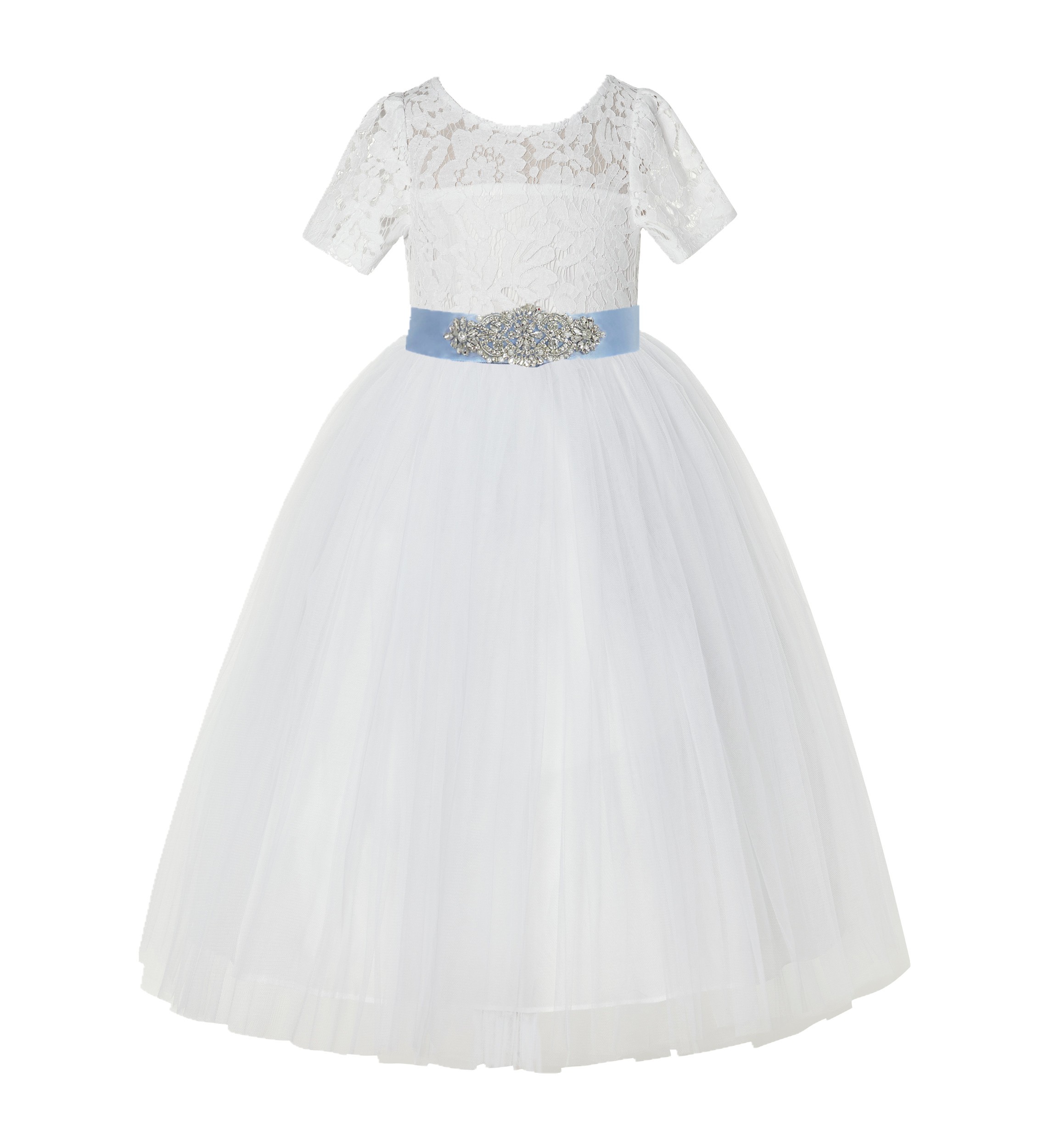 Ivory / Dusty Blue Floral Lace Flower Girl Dress Pageant Dress LG2