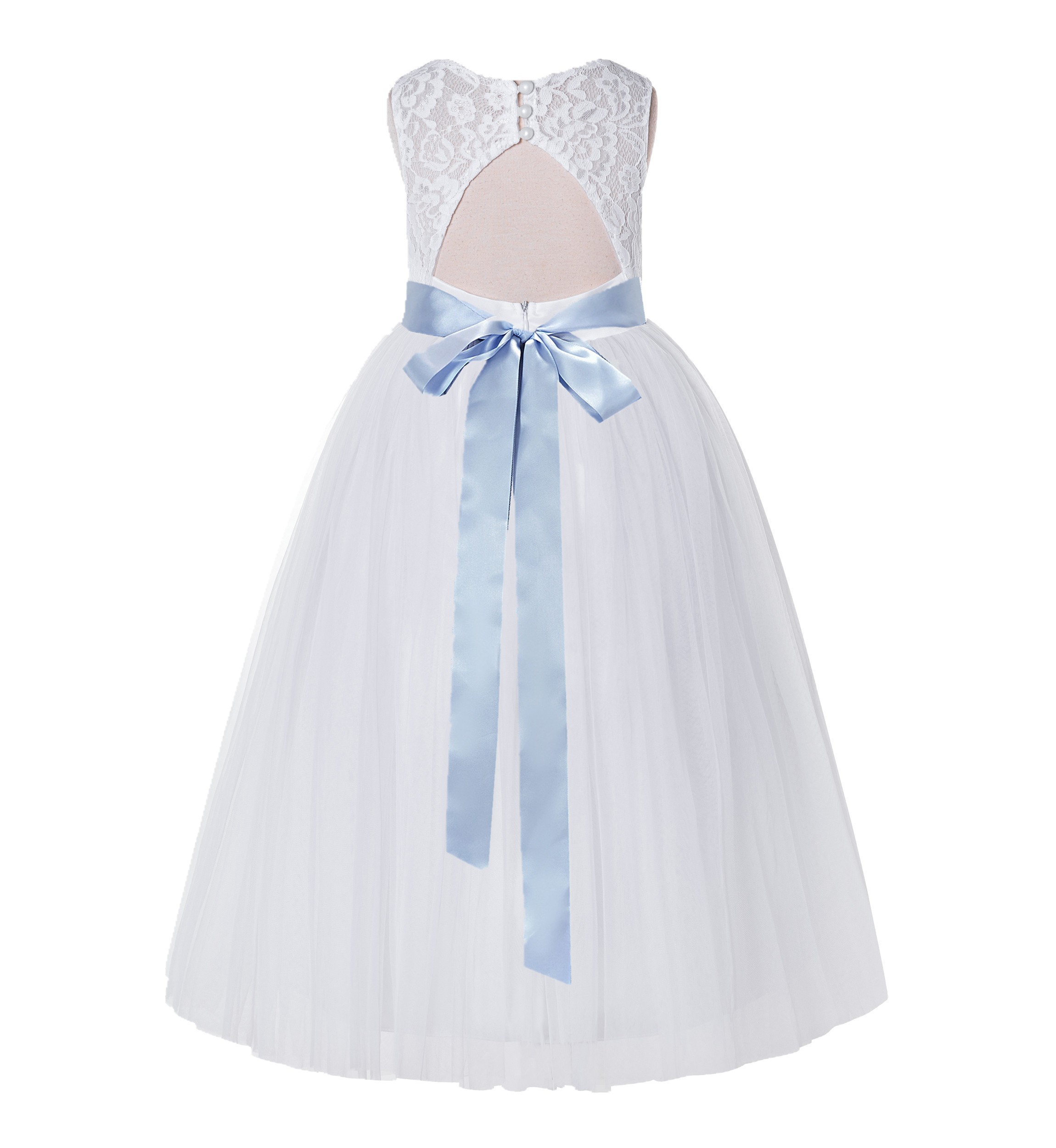 White / Dusty Blue Tulle A-Line Lace Flower Girl Dress 178R3