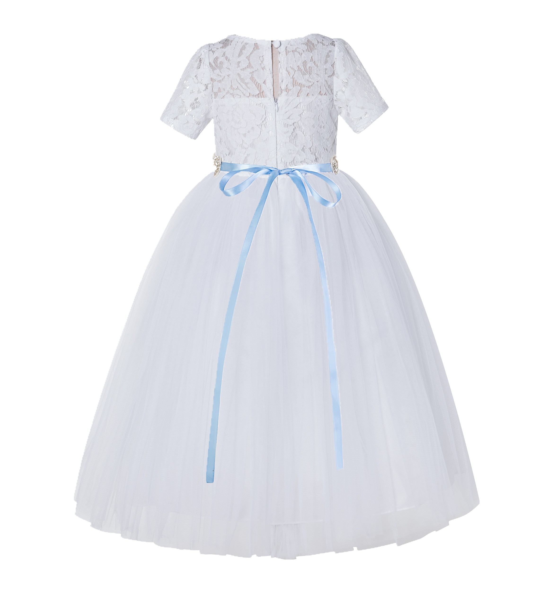 White / Dusty Blue Floral Lace Flower Girl Dress Communion Dress LG2