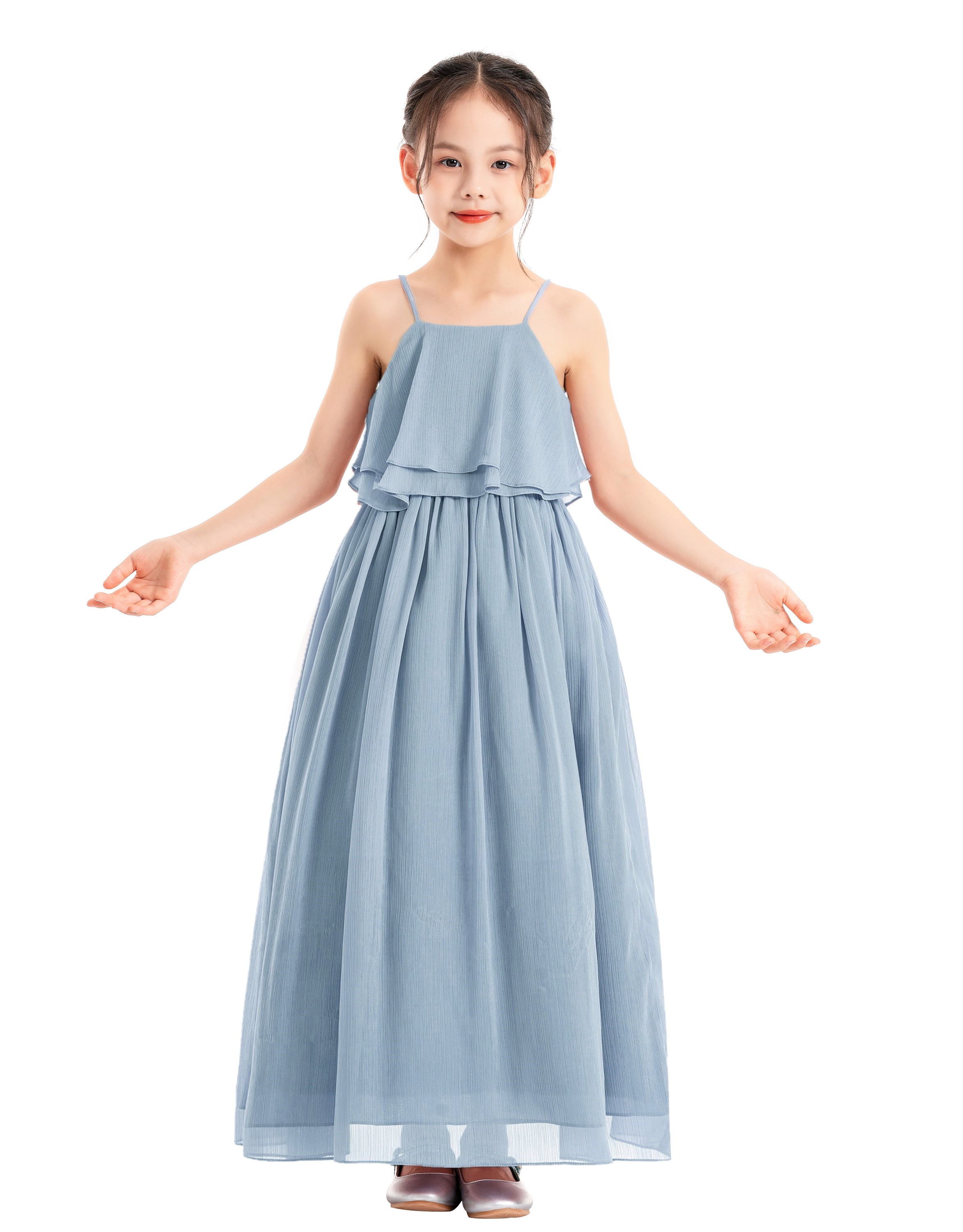 Dusty Blue A-Line Ruffle Chiffon Dress Chiffon Flower Girl Dress 192