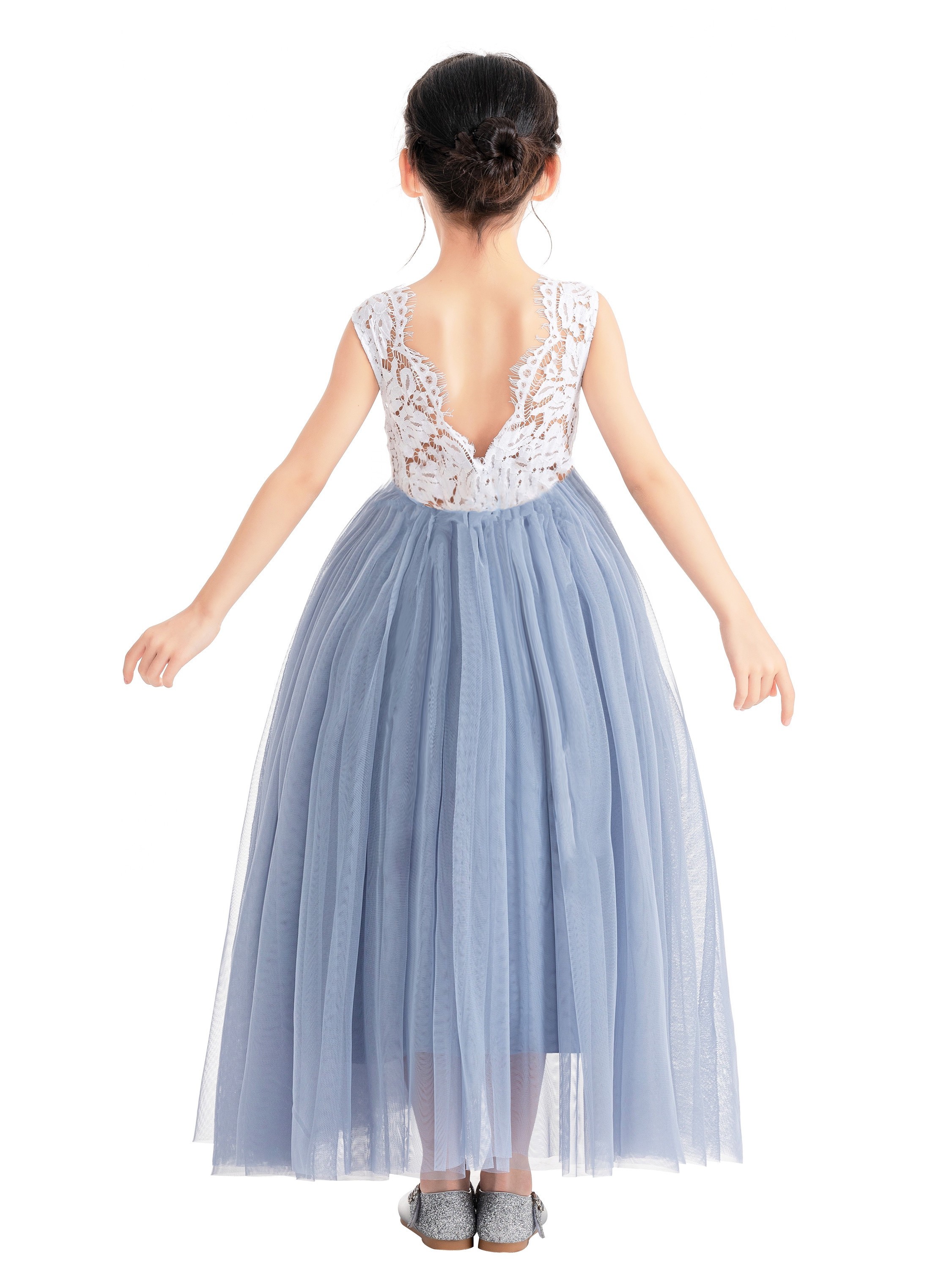 Dusty Blue Backless V-Back Lace A-Line Flower Girl Dress 207