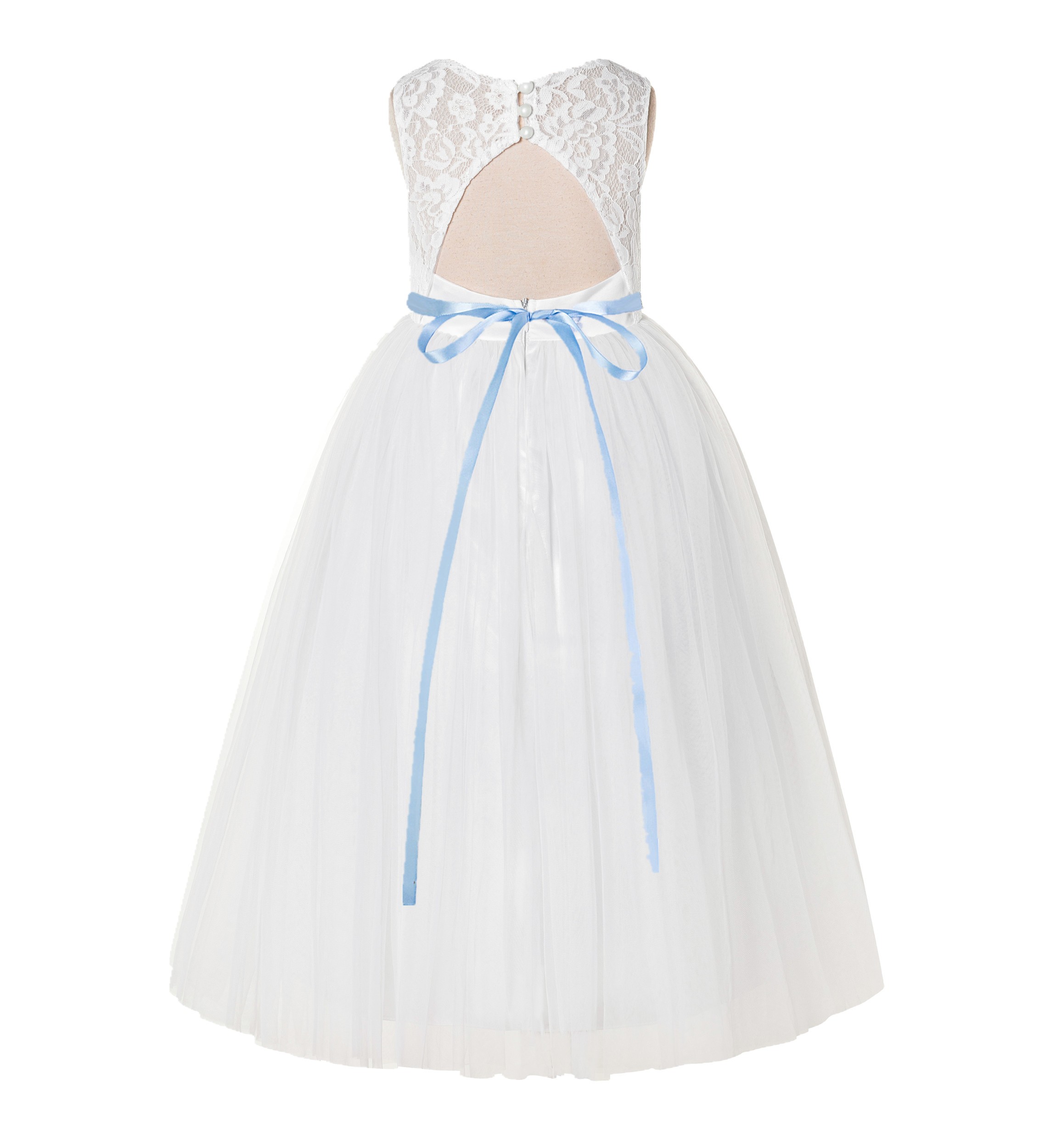 Ivory / Dusty Blue A-Line Tulle Lace Flower Girl Dress 178R7