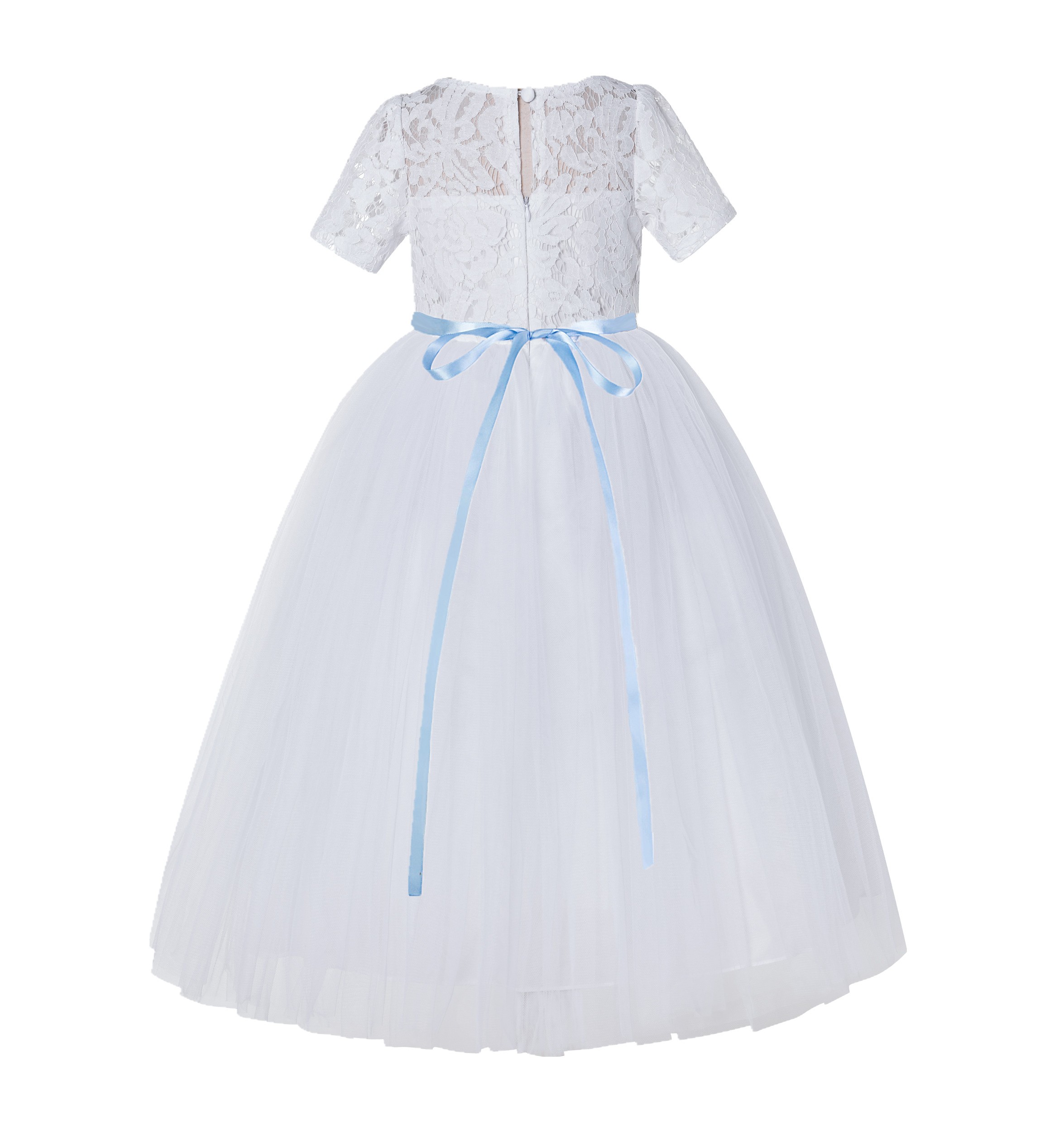 White / Dusty Blue Floral Lace Flower Girl Dress Baptism Dress LG2