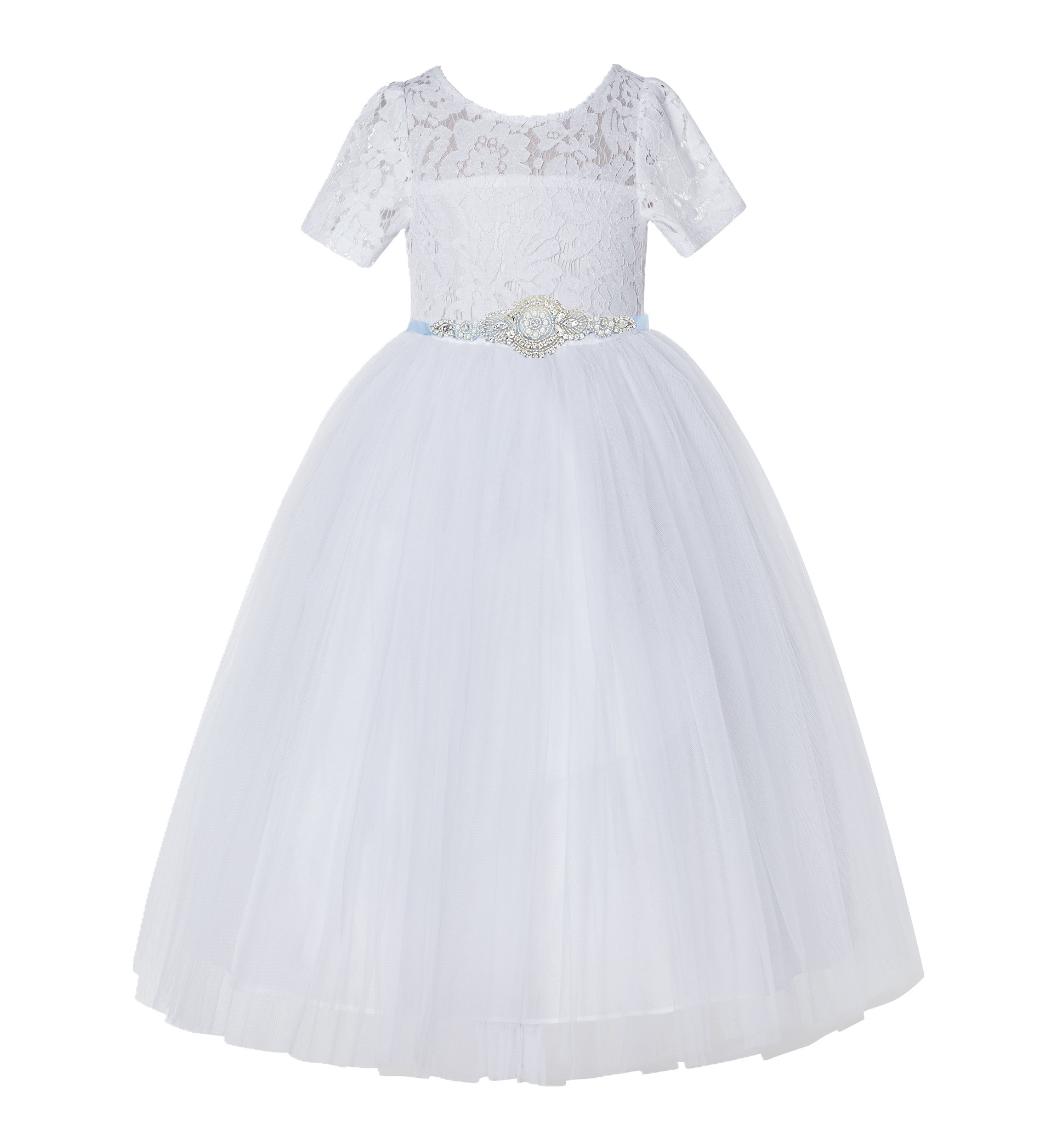 White / Dusty Blue Floral Lace Flower Girl Dress Vintage Dress LG2