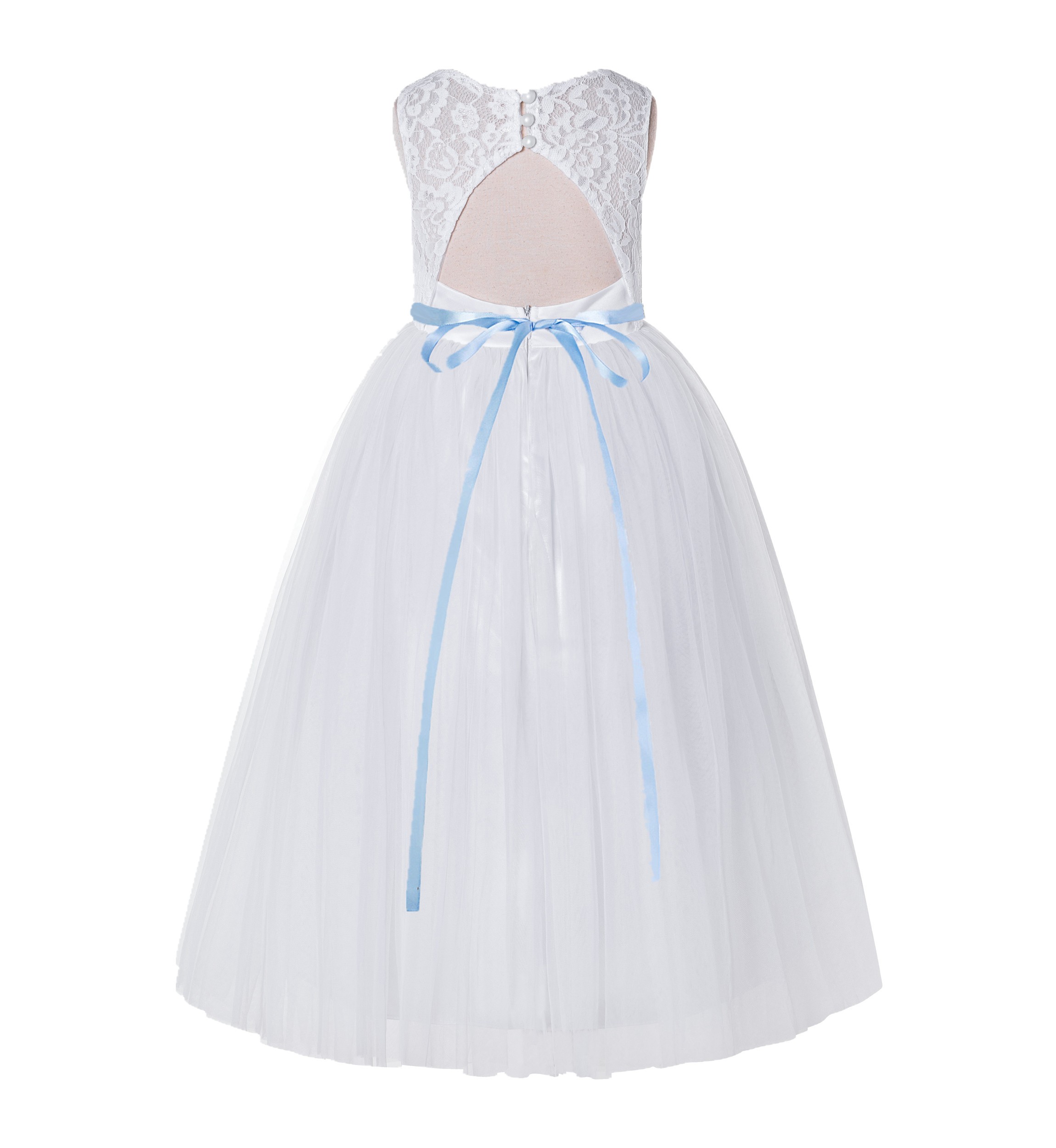 White / Dusty Blue A-Line Tulle Lace Flower Girl Dress 178R4