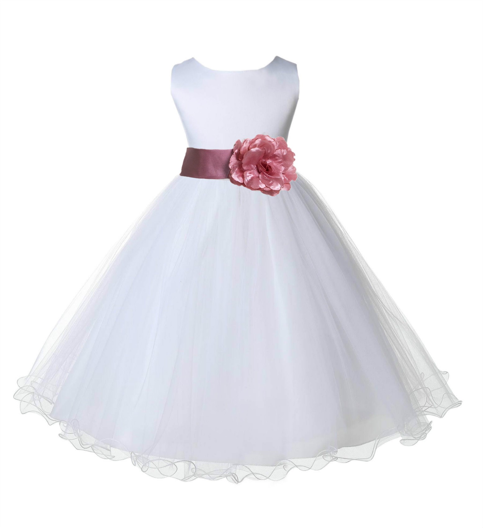 White/Dusty Rose Tulle Rattail Edge Flower Girl Dress Wedding Bridal 829S