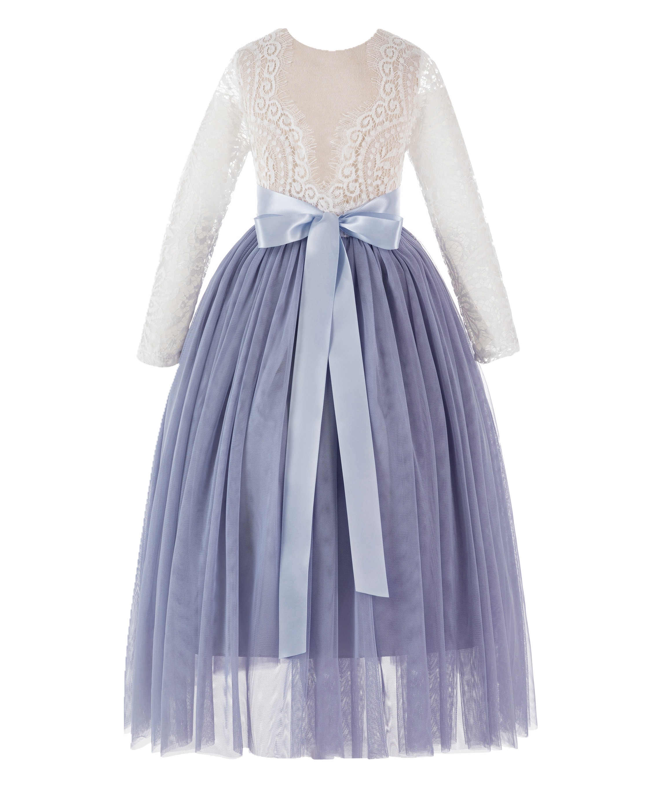 Dusty Lavender A-Line V-Back Lace Flower Girl Dress with Sleeves 290R