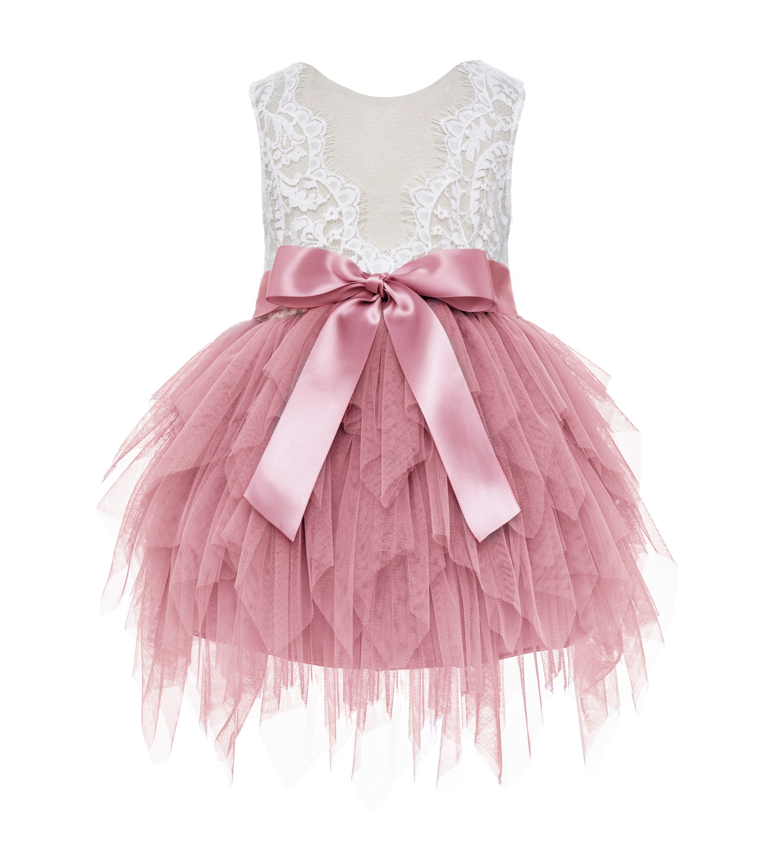 Dusty Rose Tiered Tulle Flower Girl Dress Lace Back Dress LG6