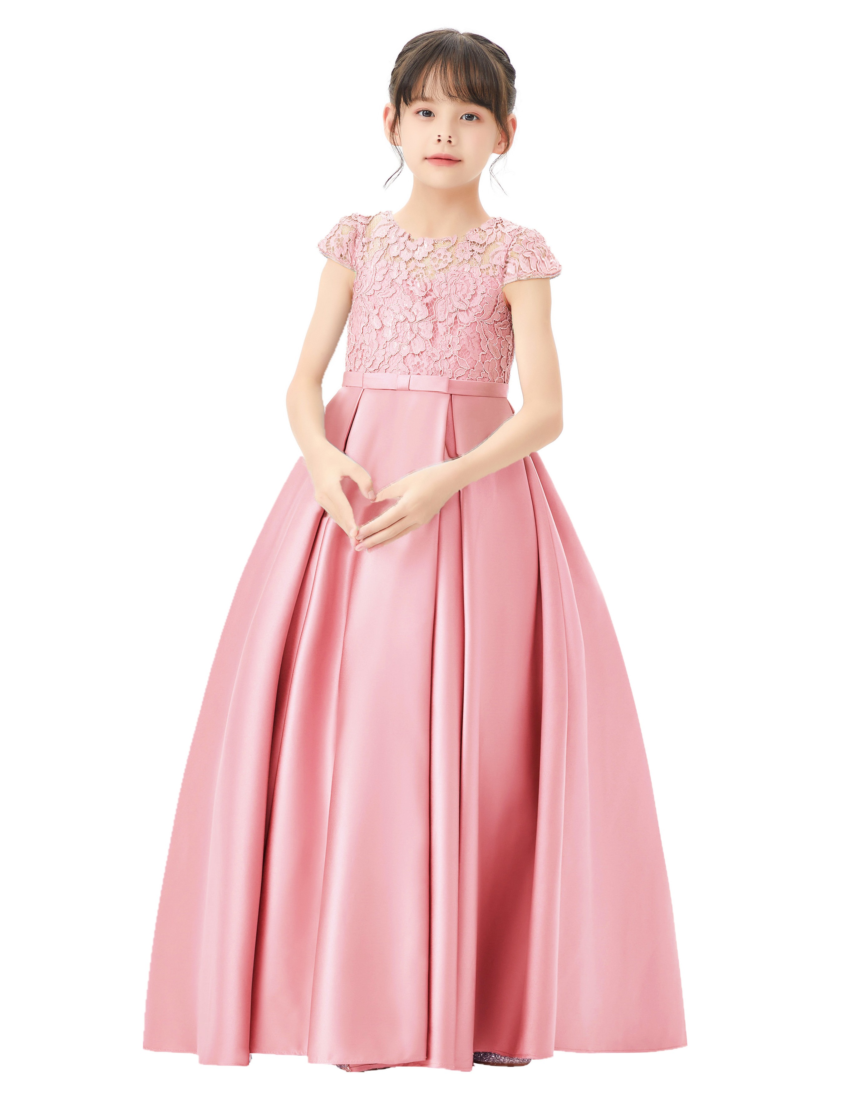 Dusty Rose Lace Flower Girl Dress Illusion Lace Dress Cap Sleeves L246