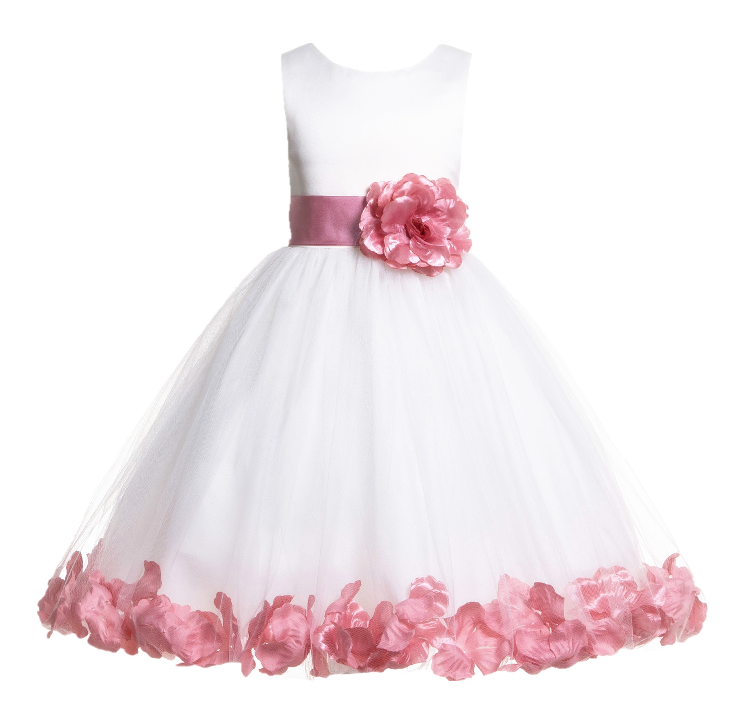 White/ Dusty Rose Tulle Rose Petals Flower Girl Dress Wedding 302T