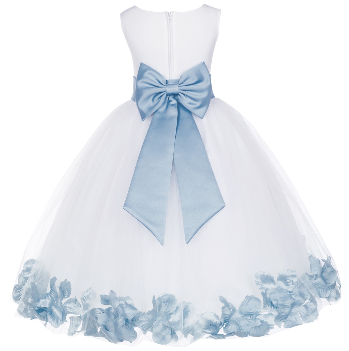White/ Dusty Blue Tulle Rose Petals Flower Girl Dress Wedding 302T