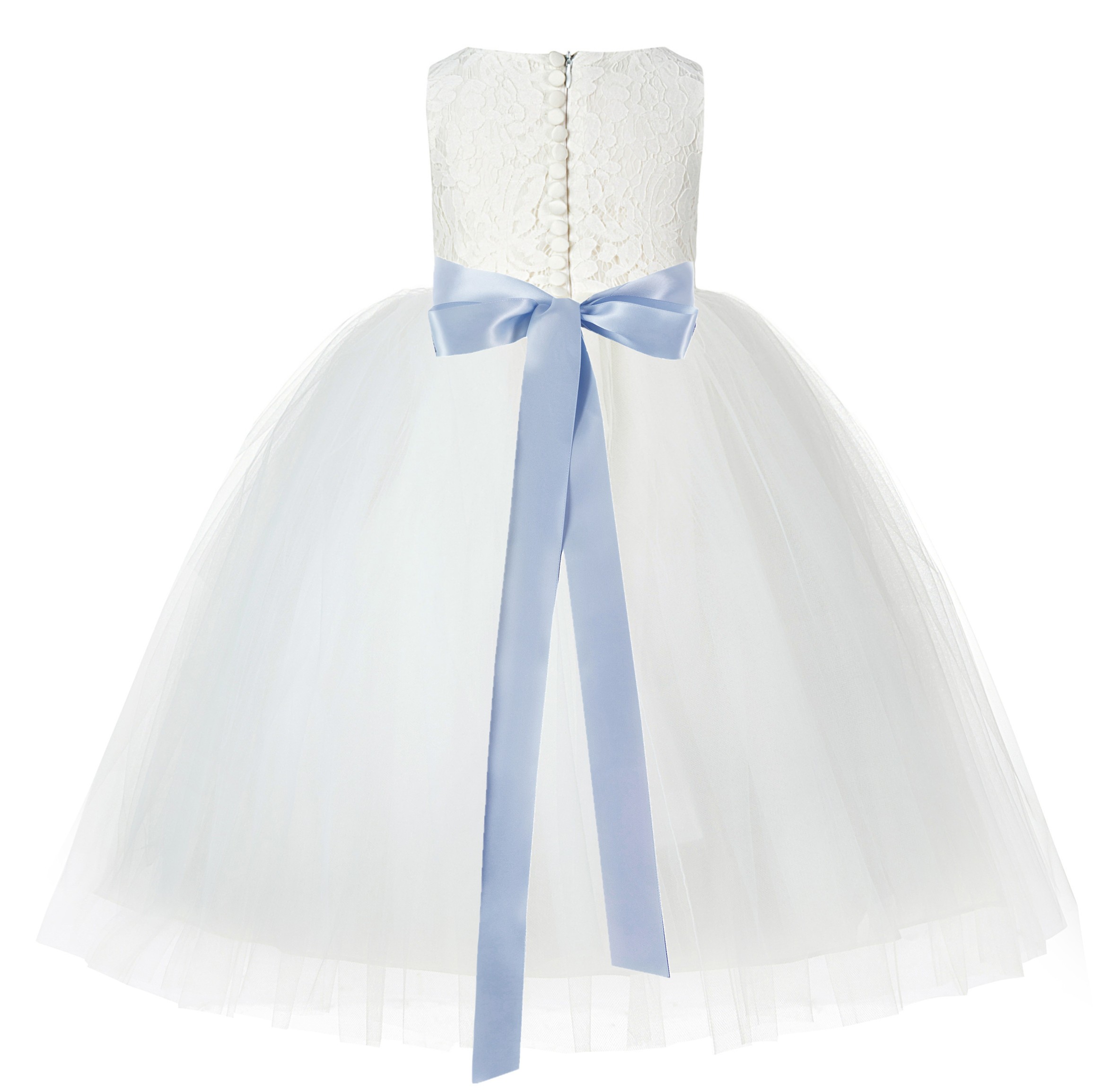 Ivory / Dusty Blue Floral Lace Flower Girl Dress Ivory Ball Gown Lg7
