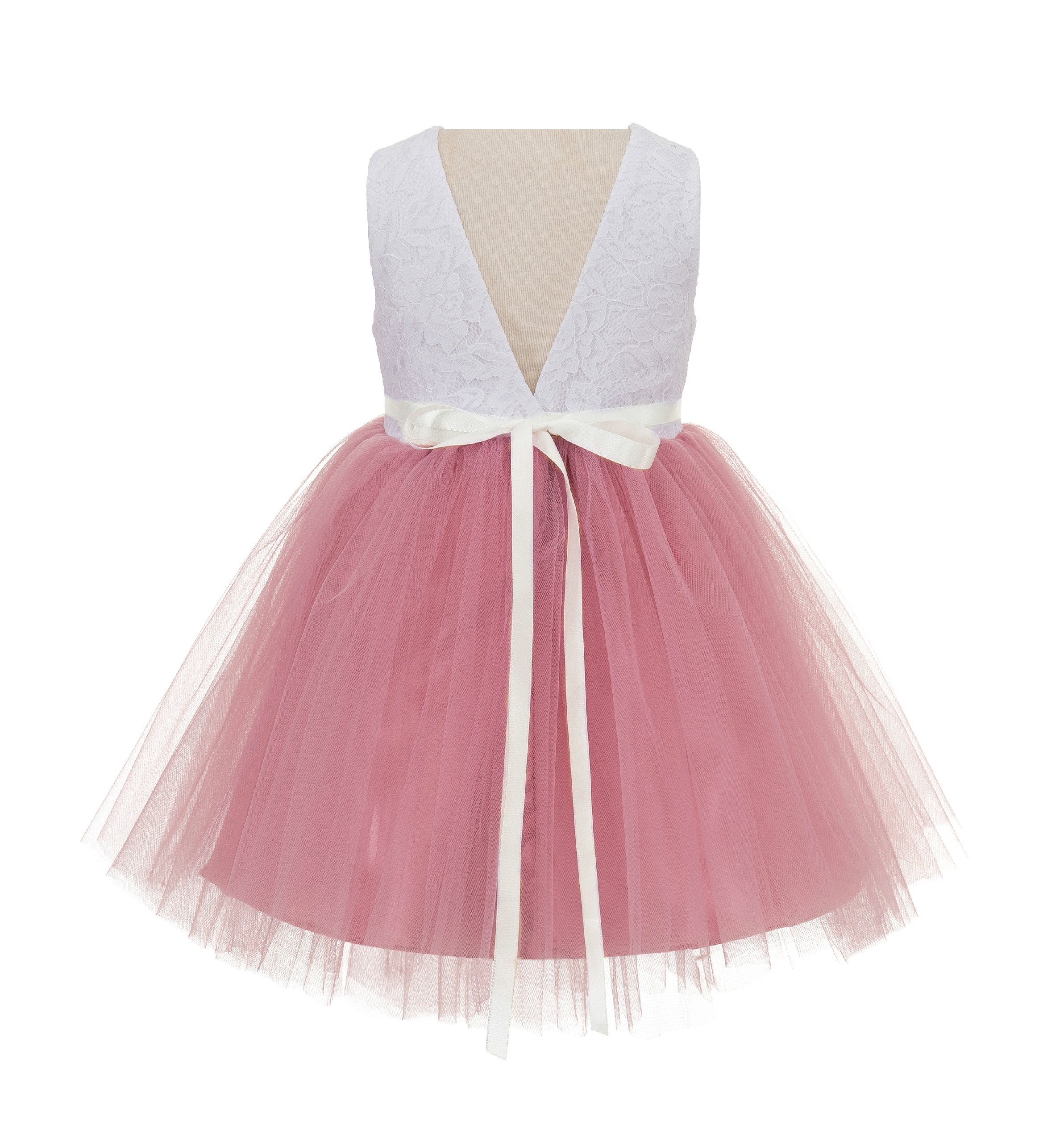 Dusty Rose / Ivory Backless Lace Flower Girl Dress Rhinestone 206R3