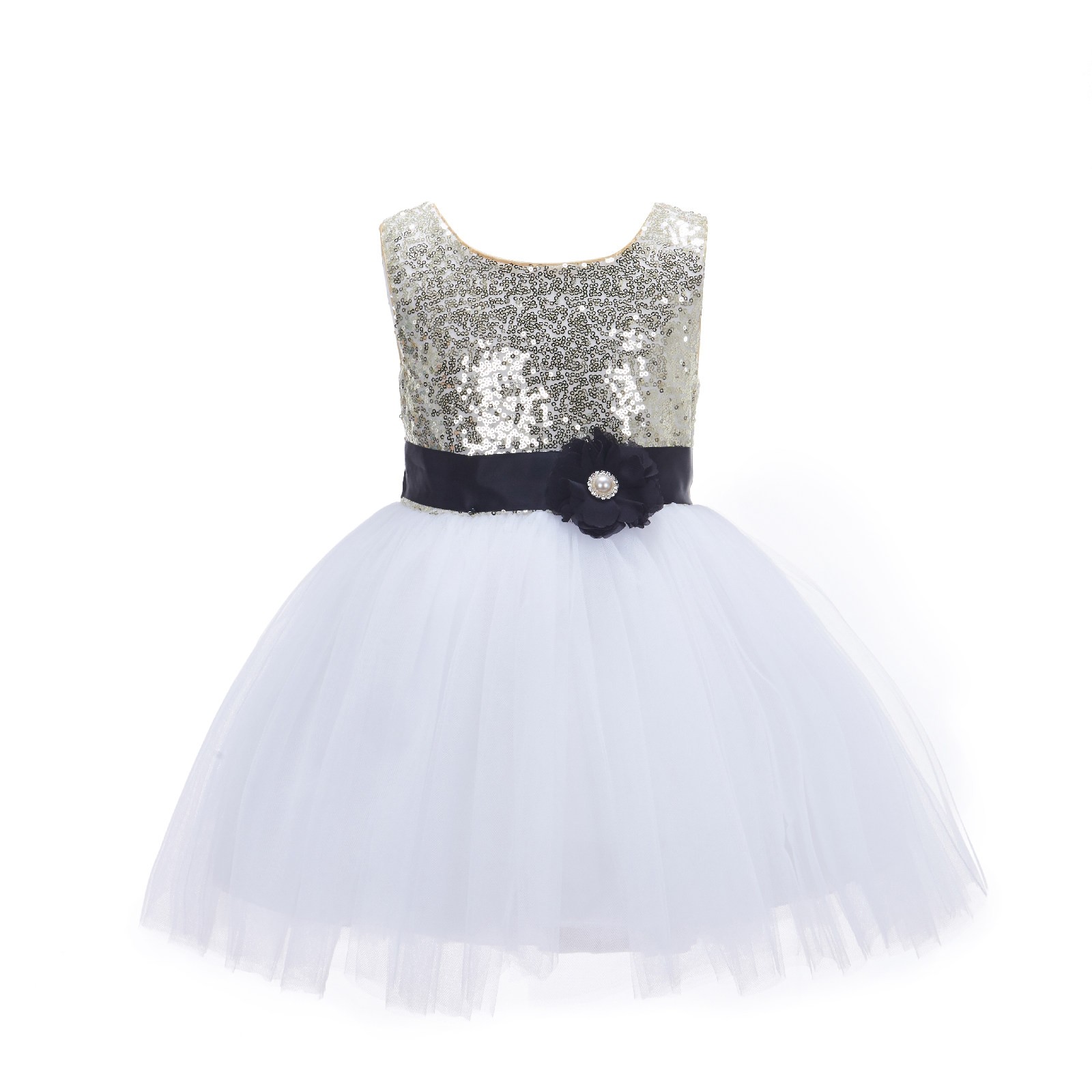 Gold/White/Black Glitter Sequin Tulle Flower Girl Dress Party Ball Gown 123RF