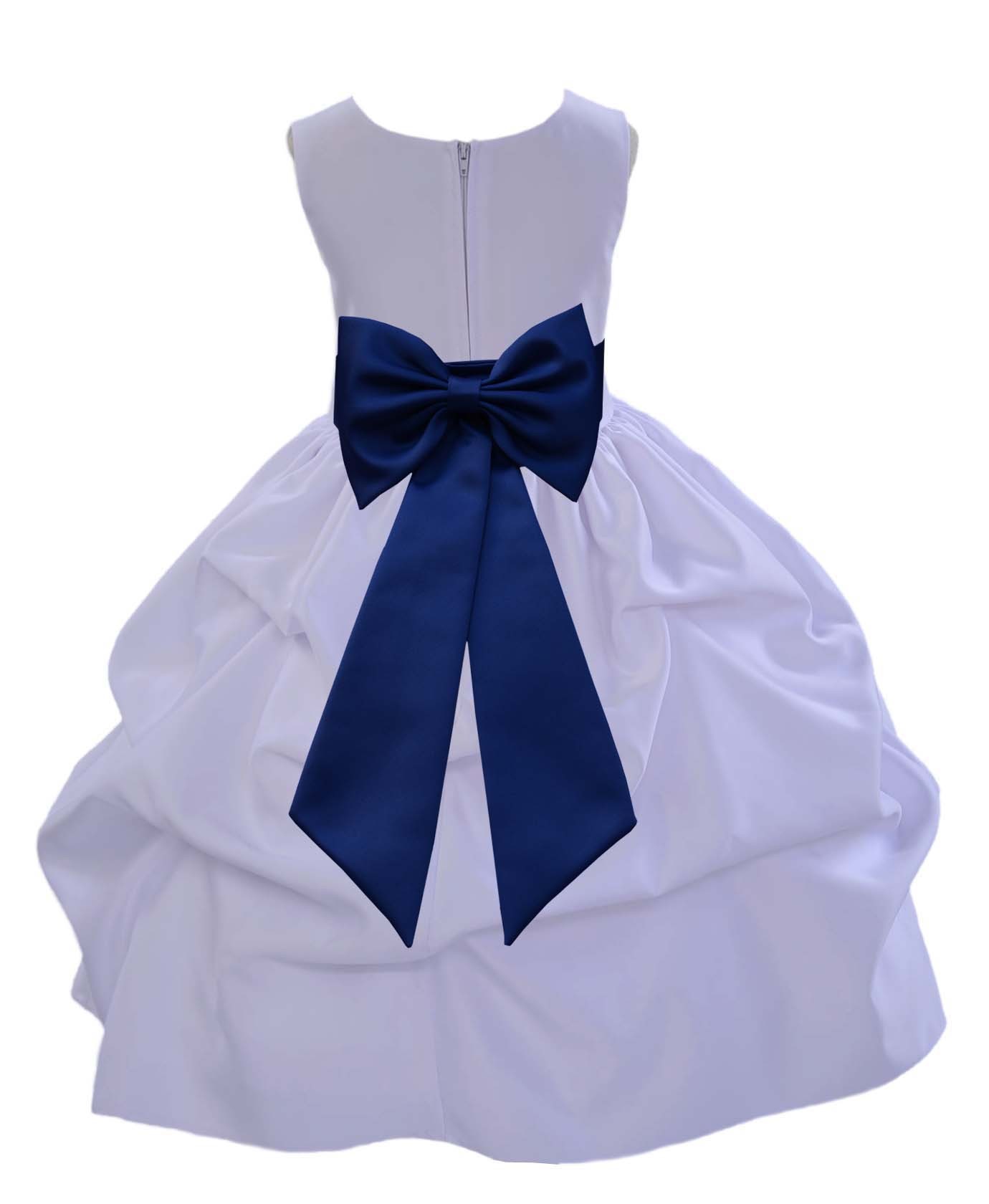 White/Navy Blue Satin Pick-Up Flower Girl Dress Wedding 208T