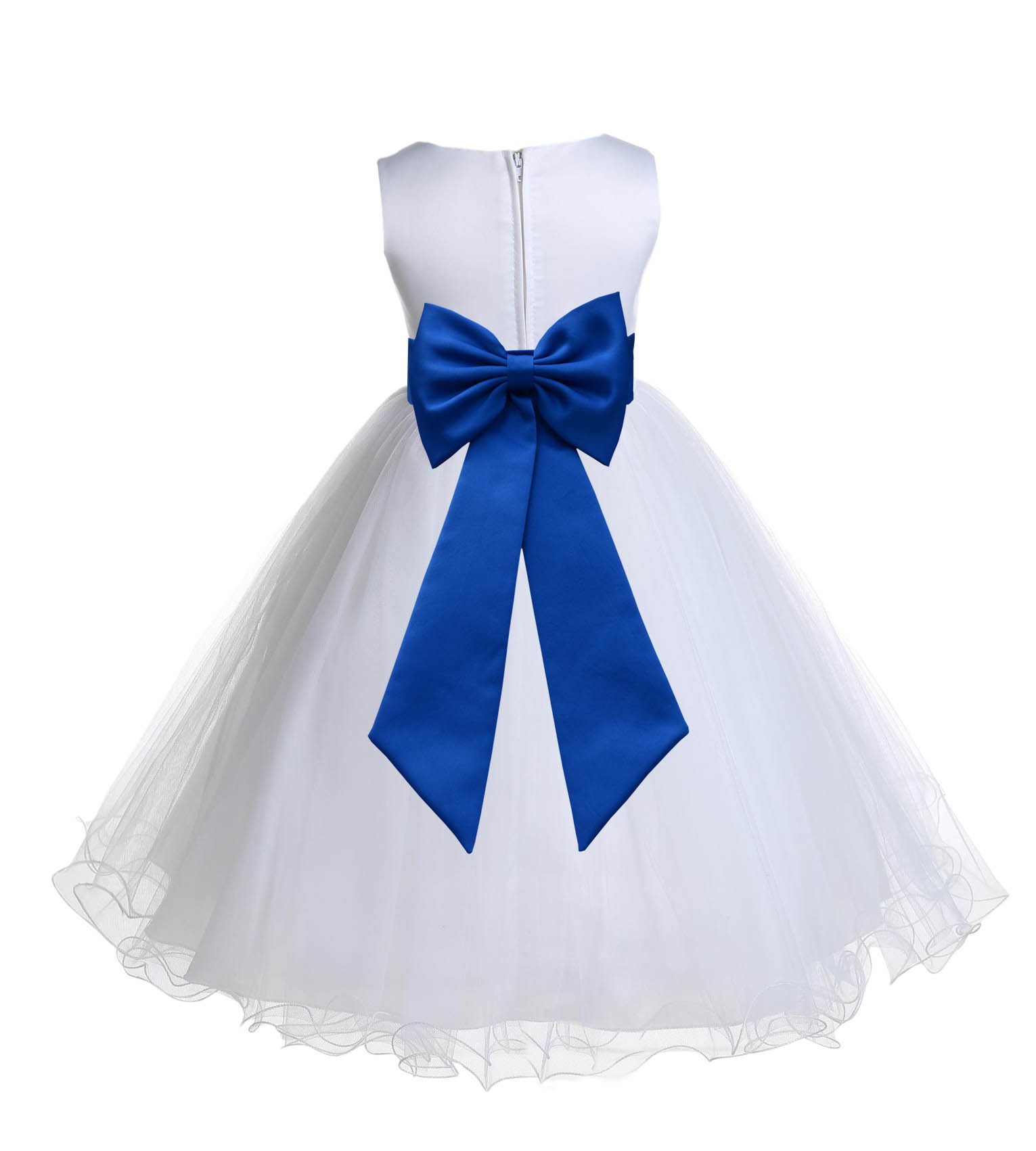 White/Royal Blue Tulle Rattail Edge Flower Girl Dress Wedding Bridesmaid 829T