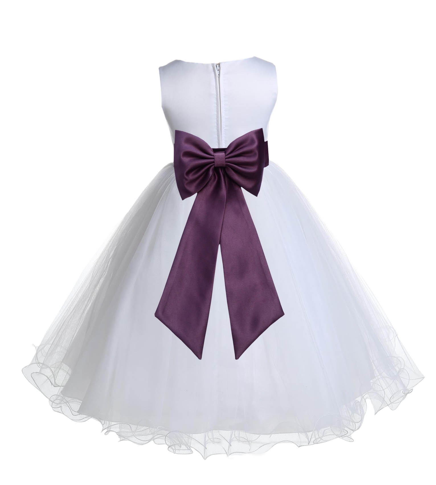 White/Plum Tulle Rattail Edge Flower Girl Dress Wedding Bridesmaid 829T