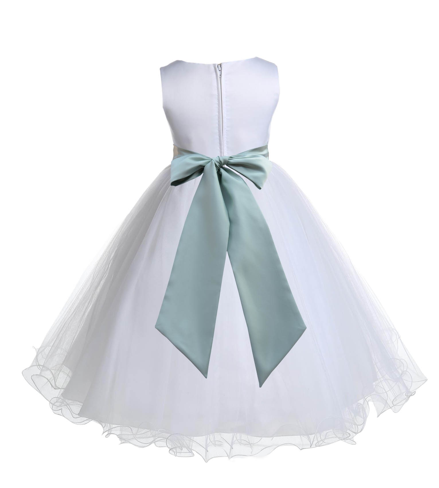 White/Sage Tulle Rattail Edge Flower Girl Dress Wedding Bridal 829S