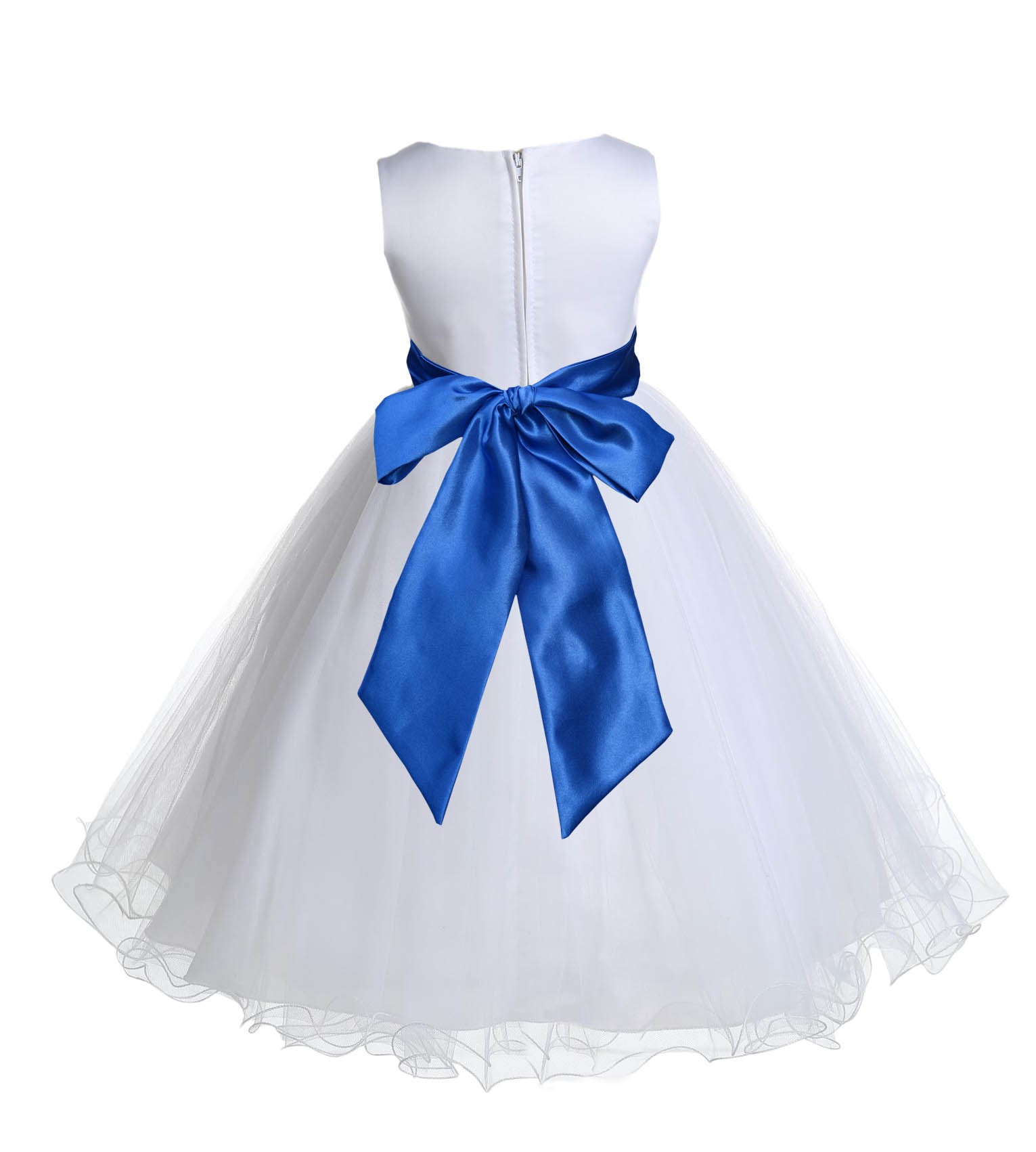 White/Royal Blue Tulle Rattail Edge Flower Girl Dress Wedding Bridal 829S