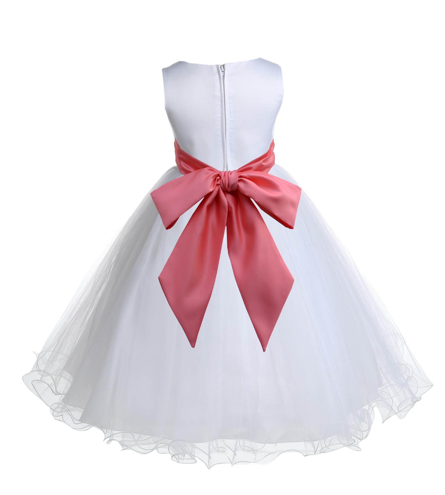White/Coral Tulle Rattail Edge Flower Girl Dress Wedding Bridal 829S