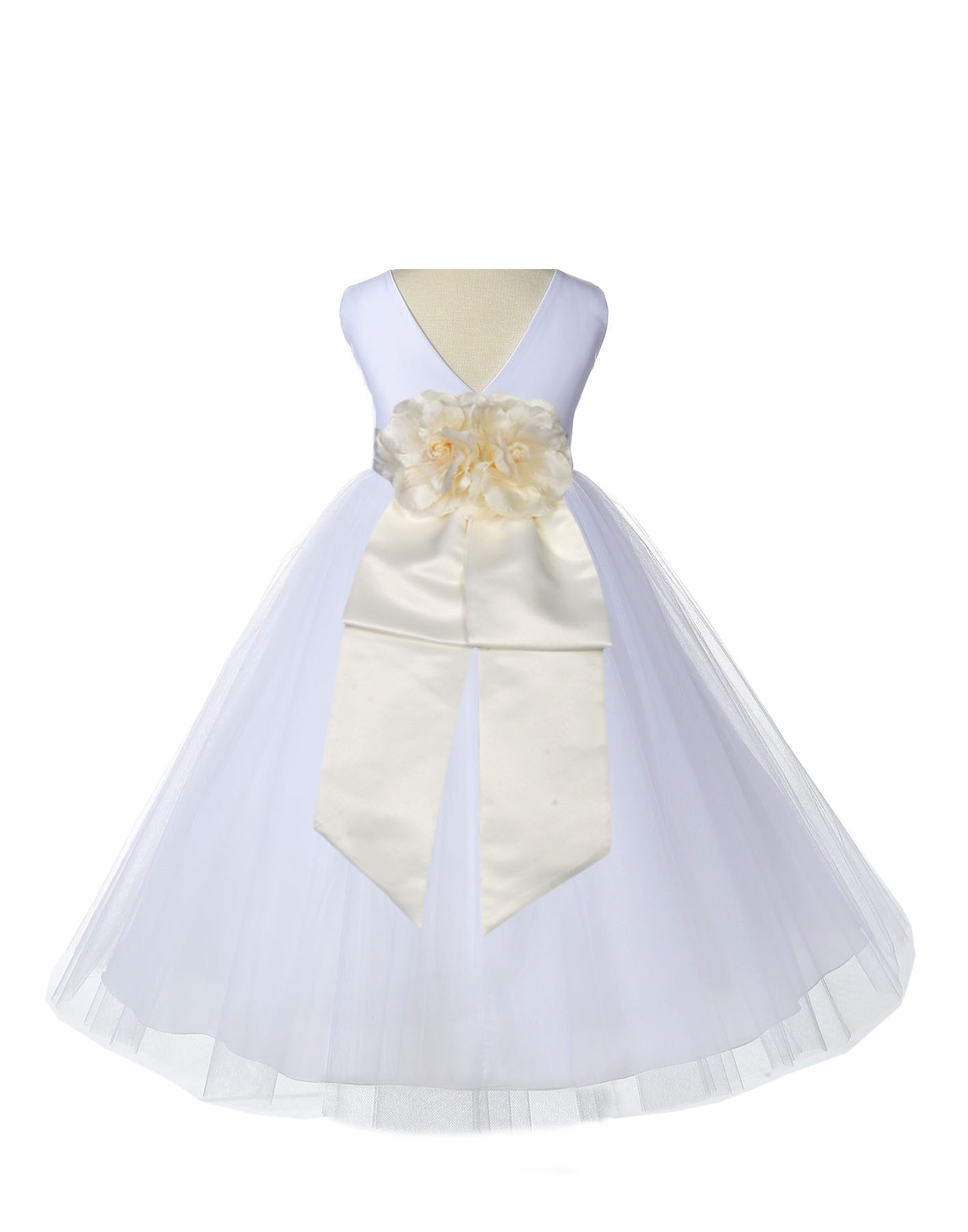V-Neck Tulle White/Ivory Flower Girl Dress Wedding Pageant 108