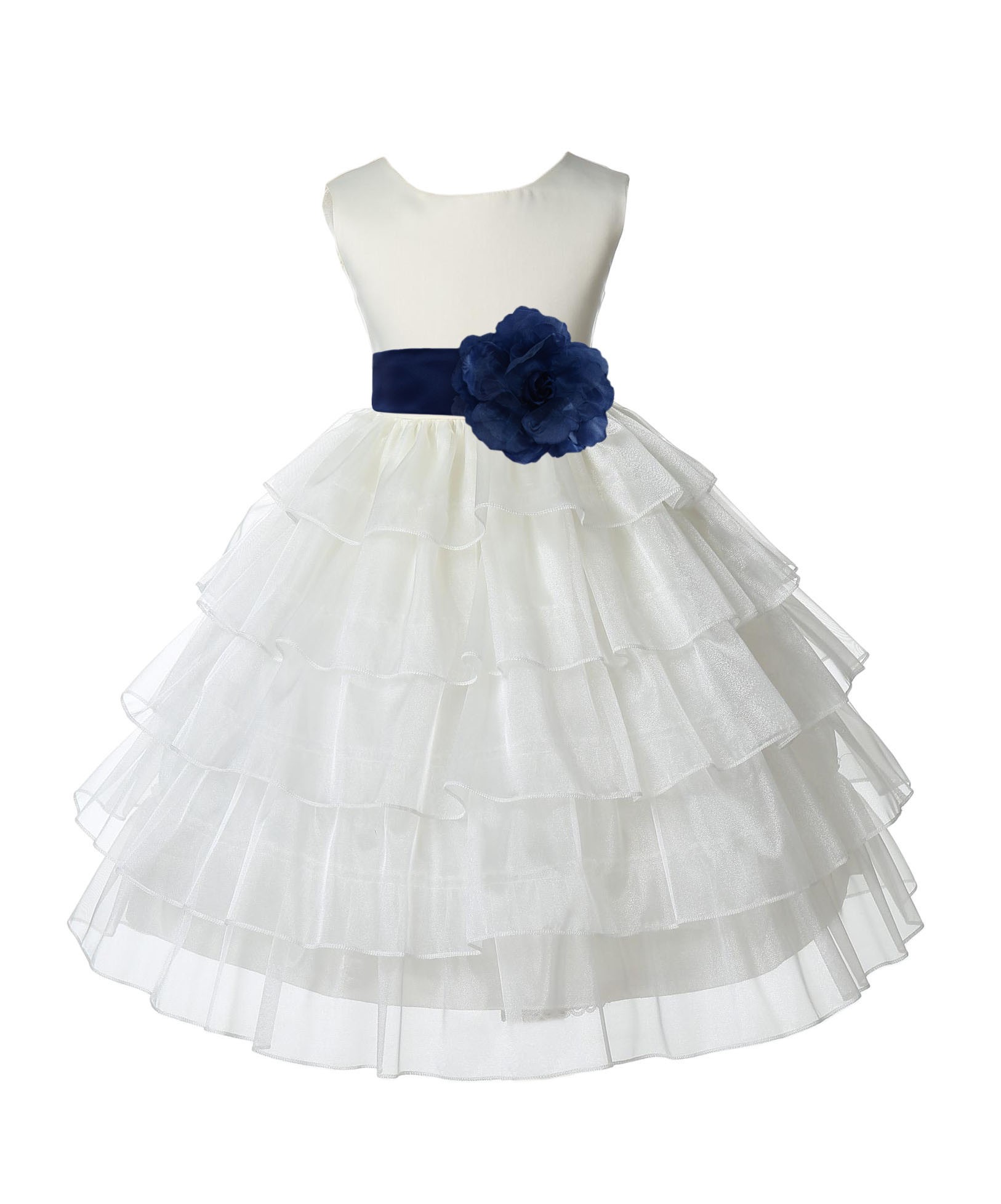 Ivory/Navy Satin Shimmering Organza Flower Girl Dress Pageant 308T