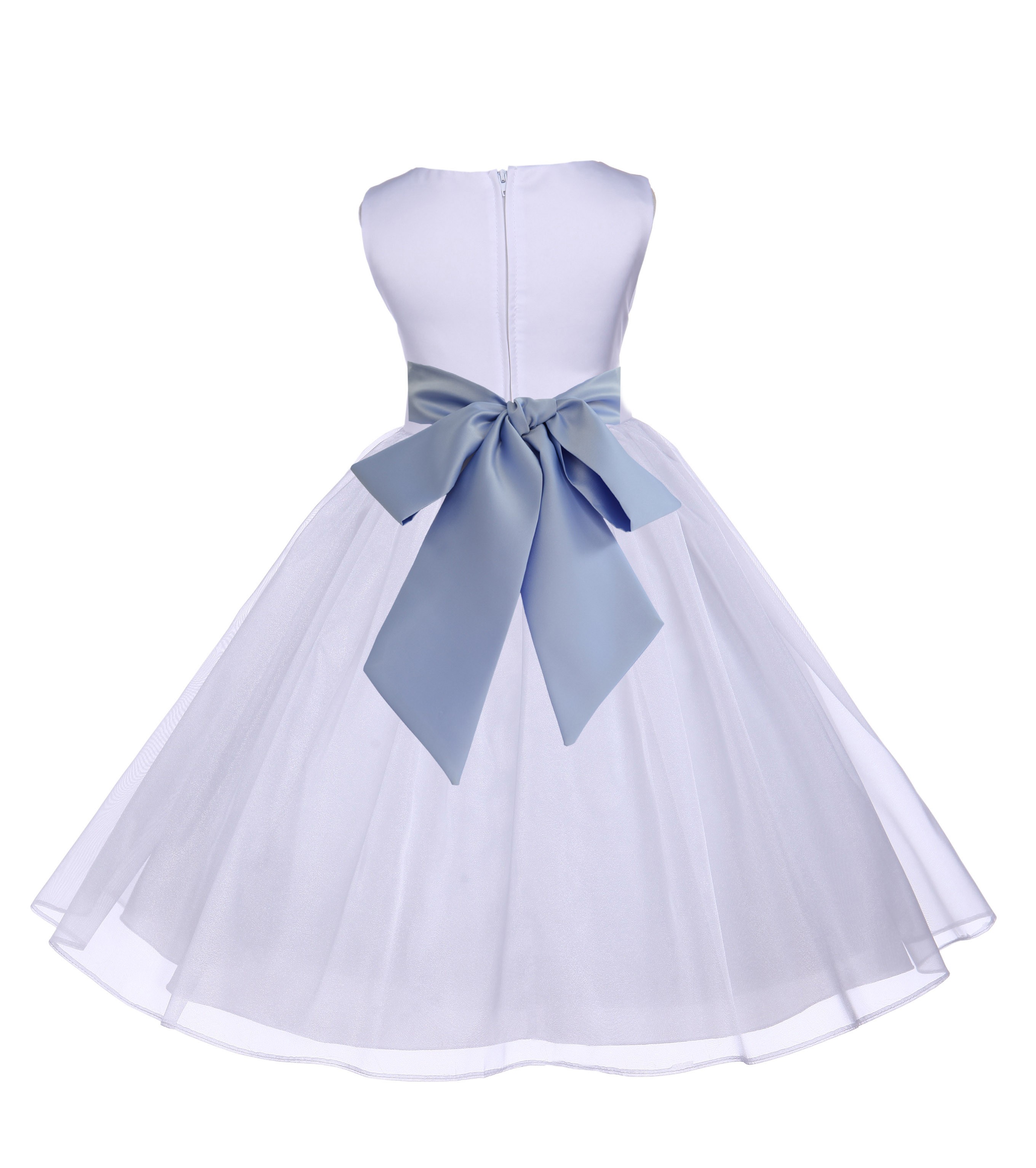 White/Bluebird Satin Bodice Organza Skirt Flower Girl Dress 841S
