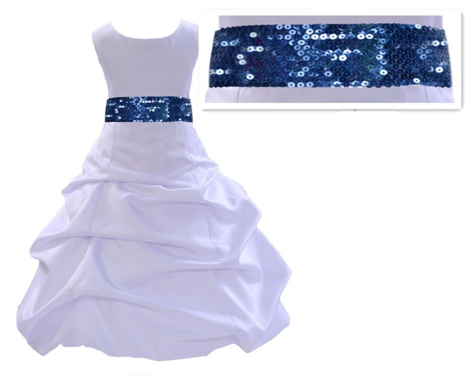 White Satin Pick-Up Bubble Flower Girl Dress Navy Sequins 806mh