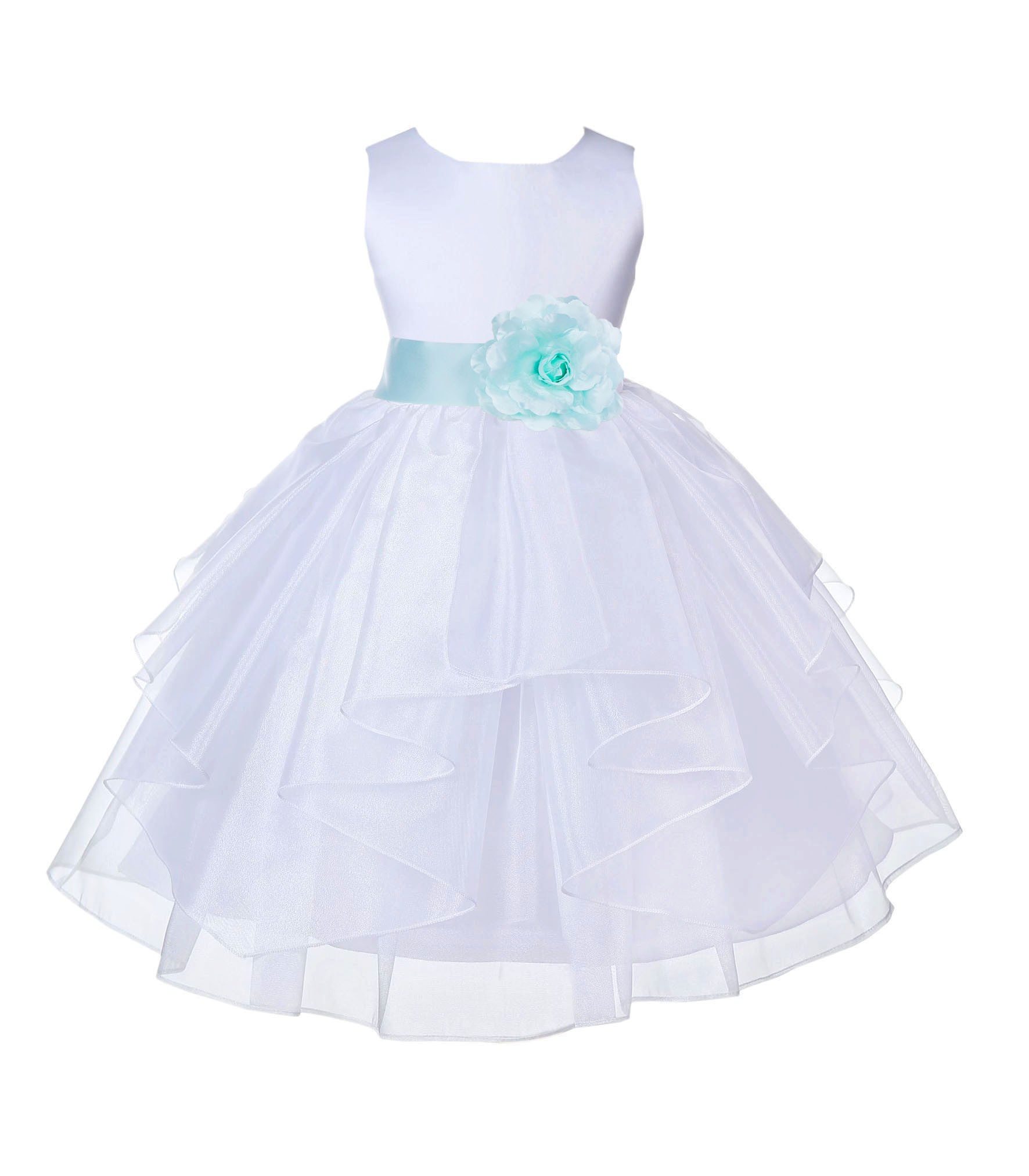White/Mint Satin Shimmering Organza Flower Girl Dress Wedding 4613T