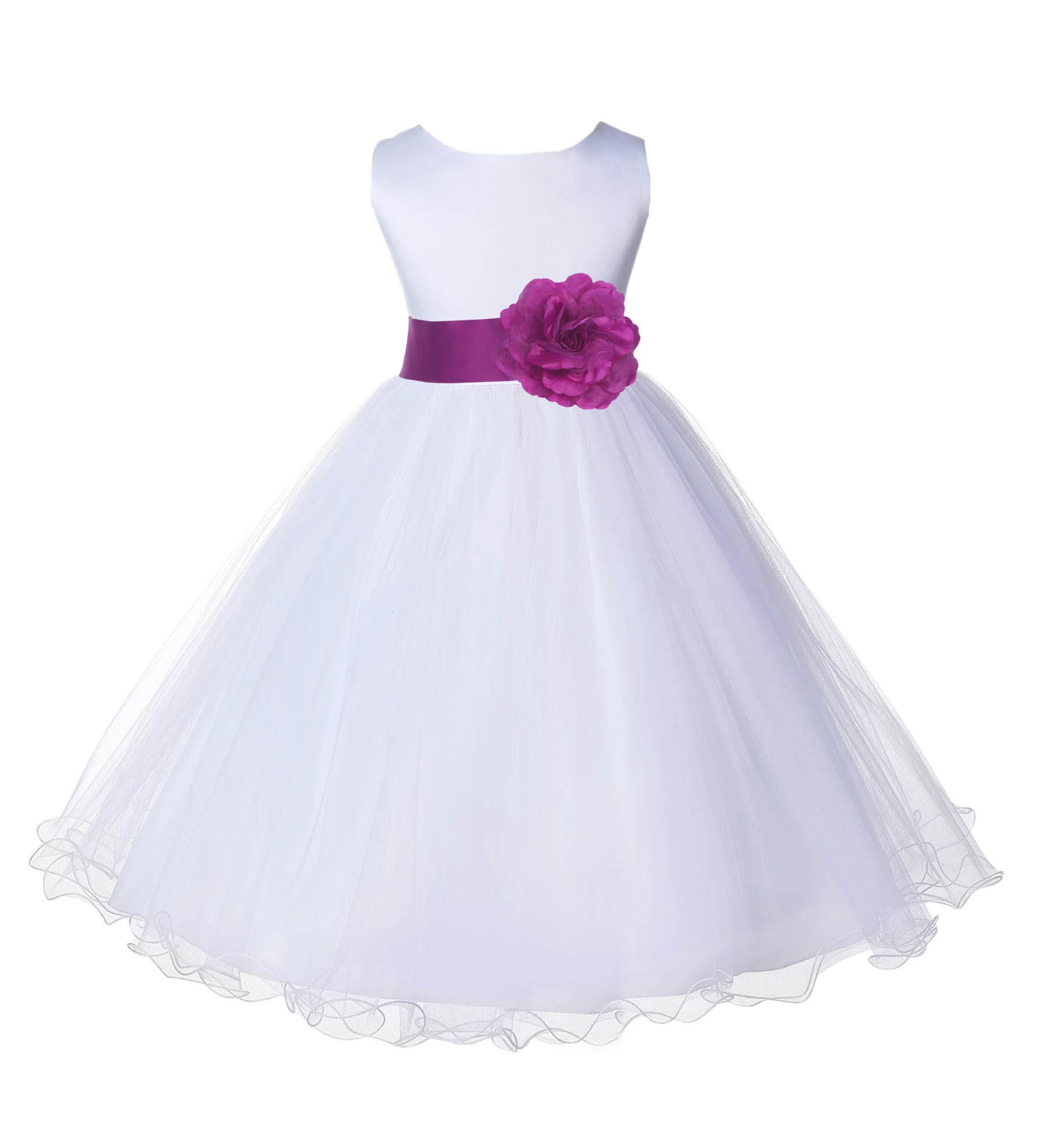 White/Raspberry Tulle Rattail Edge Flower Girl Dress Wedding Bridal 829S