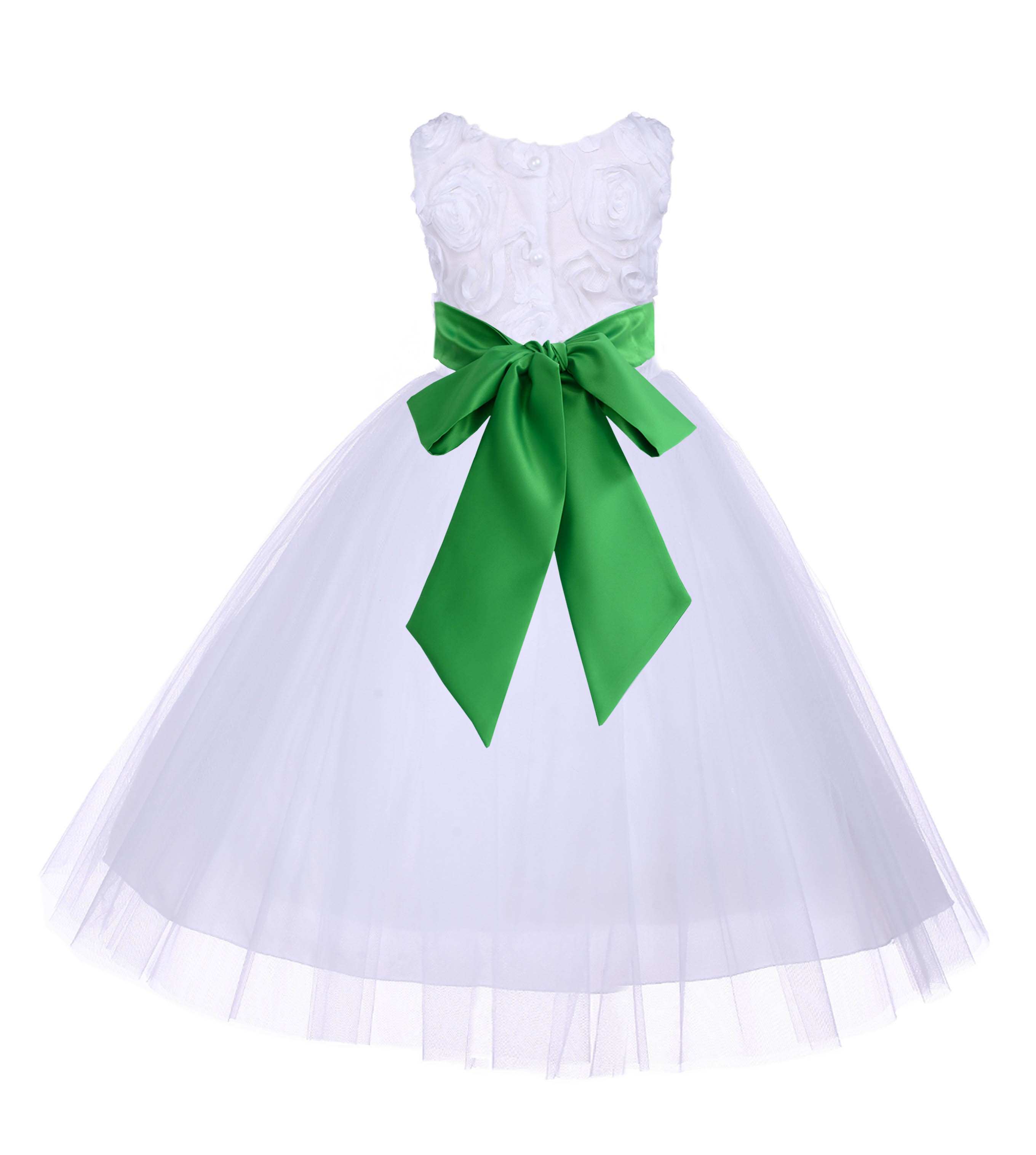 White/Lime Tulle 3D Floral Rose Flower Girl Dress Wedding 152S