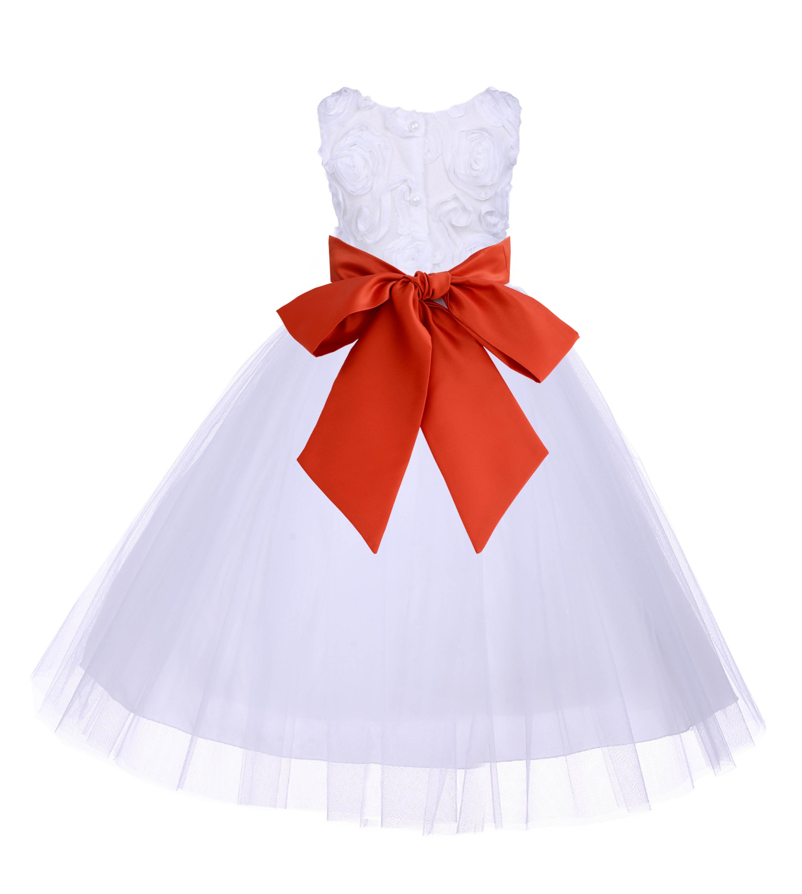 White/Persimmon Tulle 3D Floral Rose Flower Girl Dress Wedding 152S